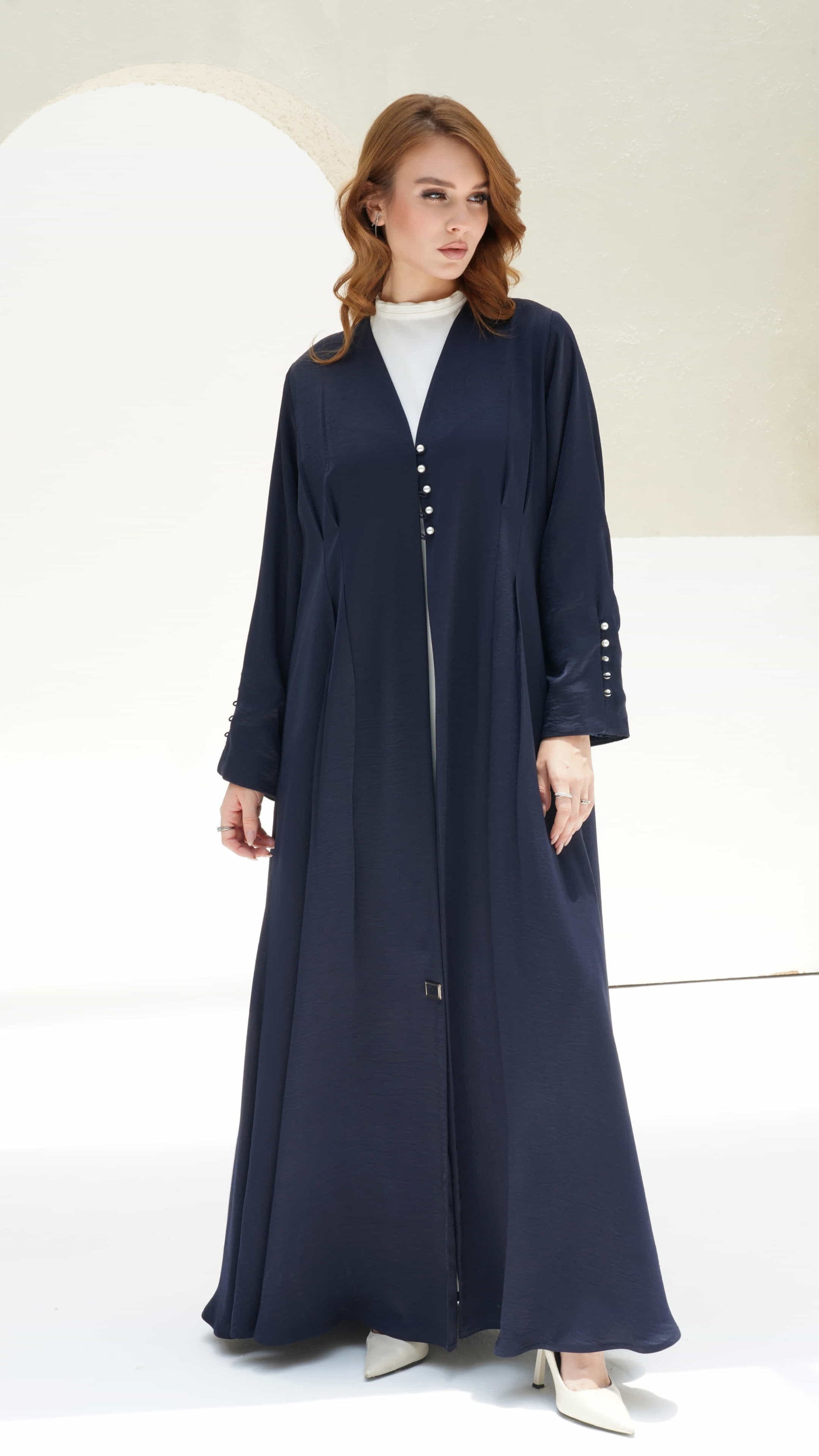NAILA | Midnight Pearl - Full length navy blue abaya with elegant structure and flow