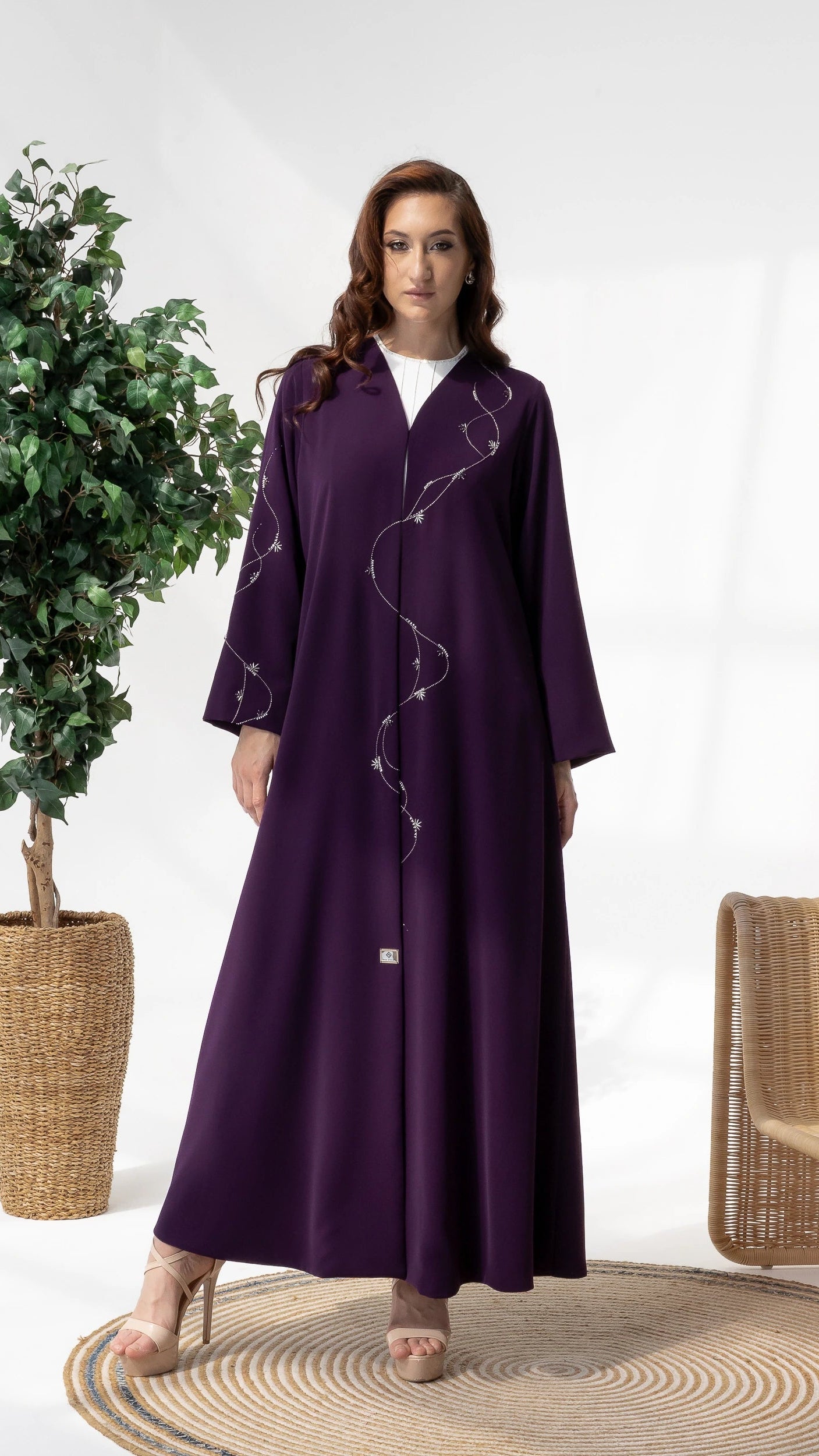 NAWARA Amethyst Royale elegant amethyst abaya featuring flowing crystal constellation detailing