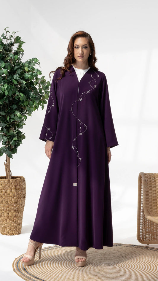 NAWARA Amethyst Royale elegant amethyst abaya featuring flowing crystal constellation detailing