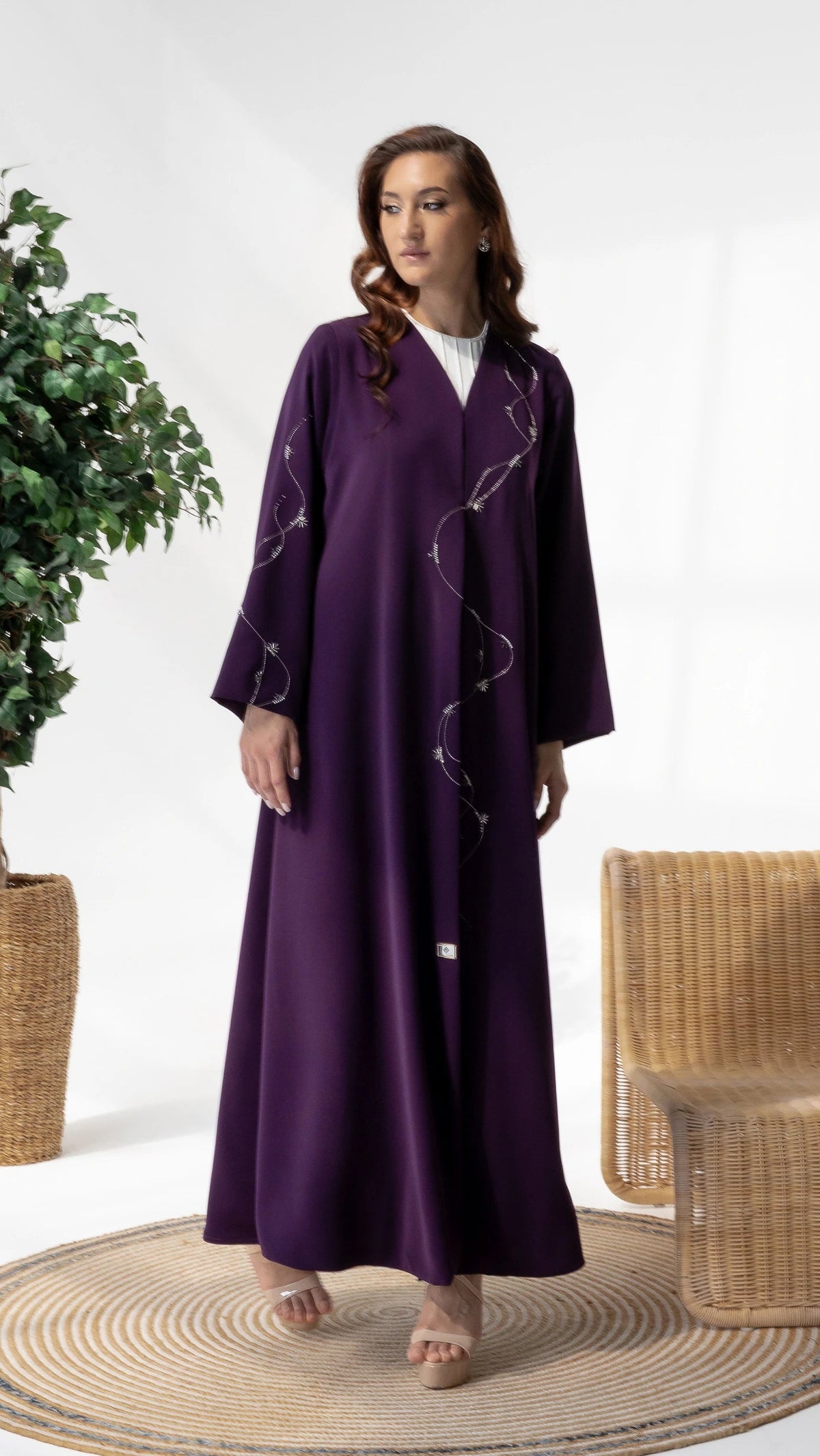 NAWARA Amethyst Royale elegant amethyst abaya featuring flowing crystal constellation detailing