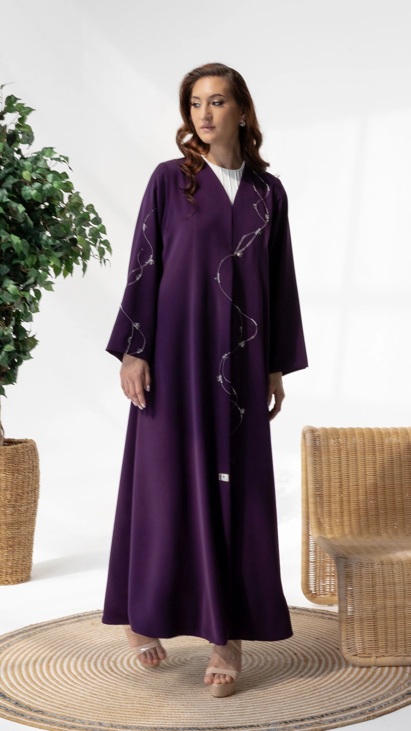 NAWARA Amethyst Royale elegant amethyst abaya featuring flowing crystal constellation detailing