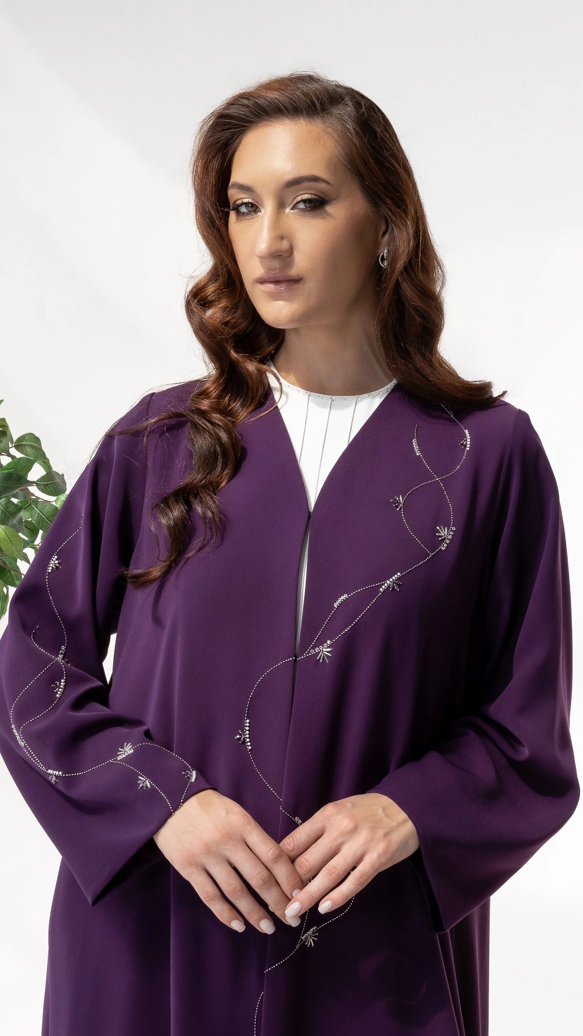 NAWARA Amethyst Royale luxury purple abaya front view with crystal trail embellishments