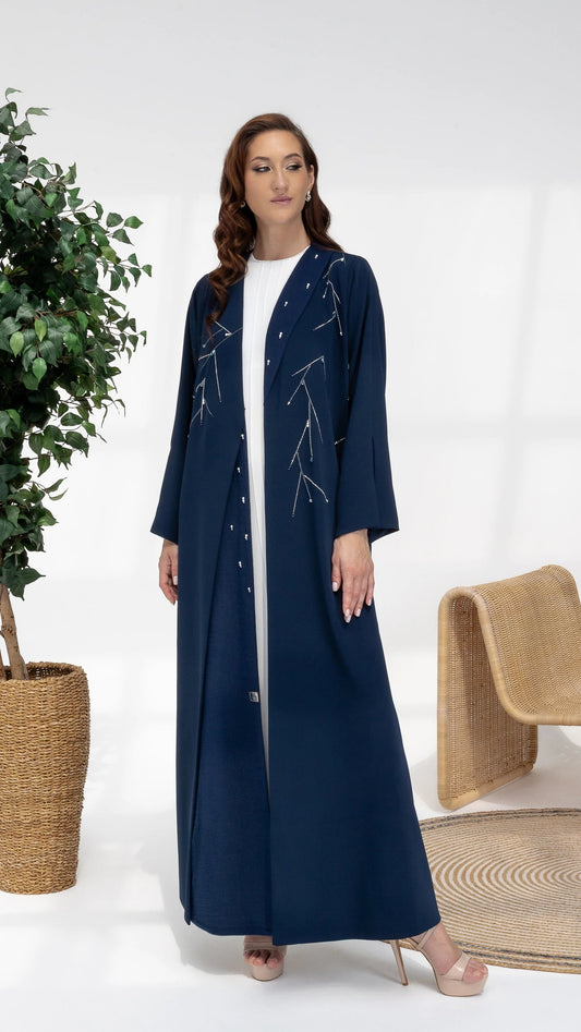 NAYRA | Luxury twilight blue abaya with celestial crystal embellishment by Diva Atelier