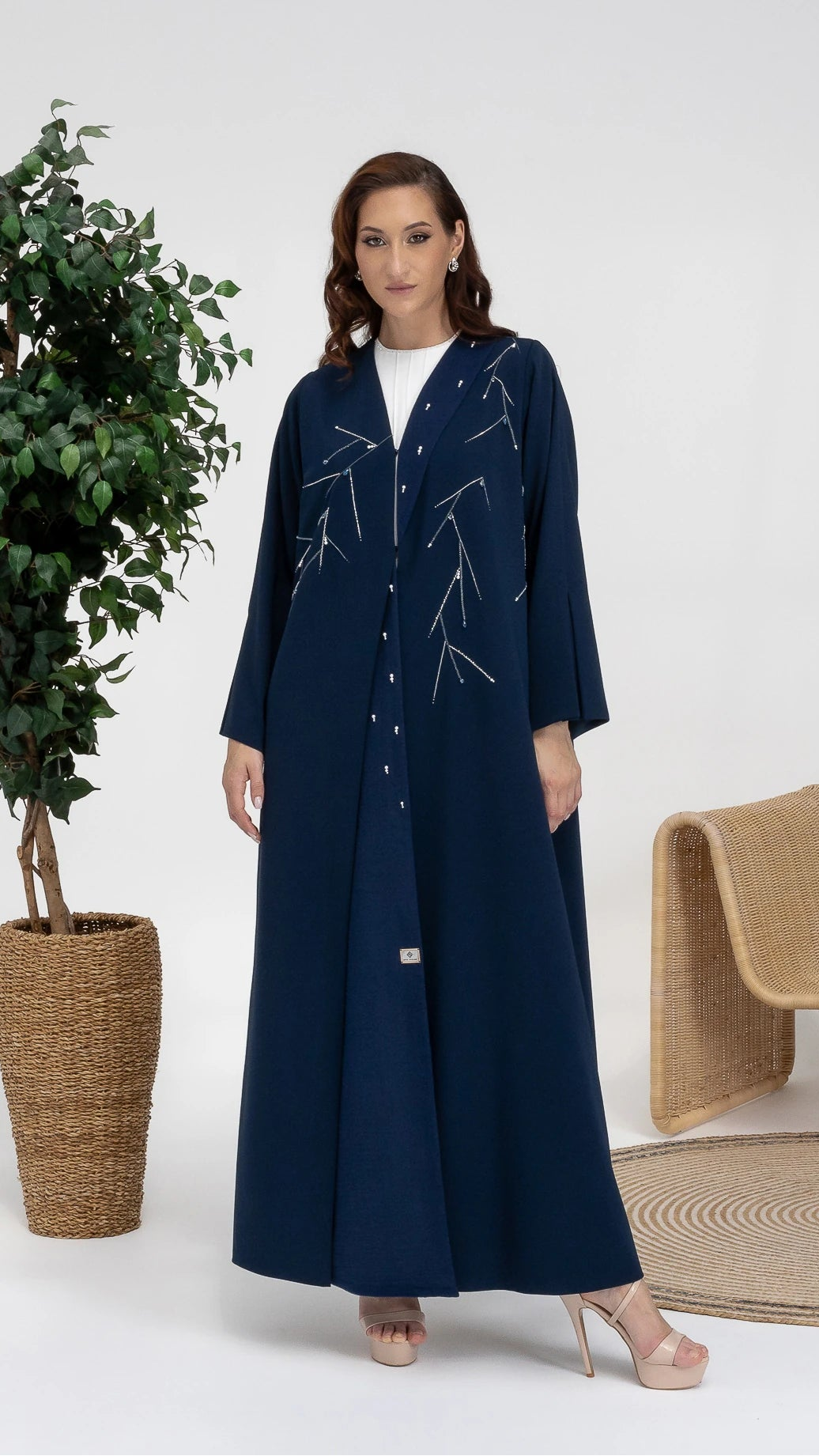 NAYRA | Twilight Luxe Abaya Full-length luxury blue abaya styled for elevated Ramadan evenings