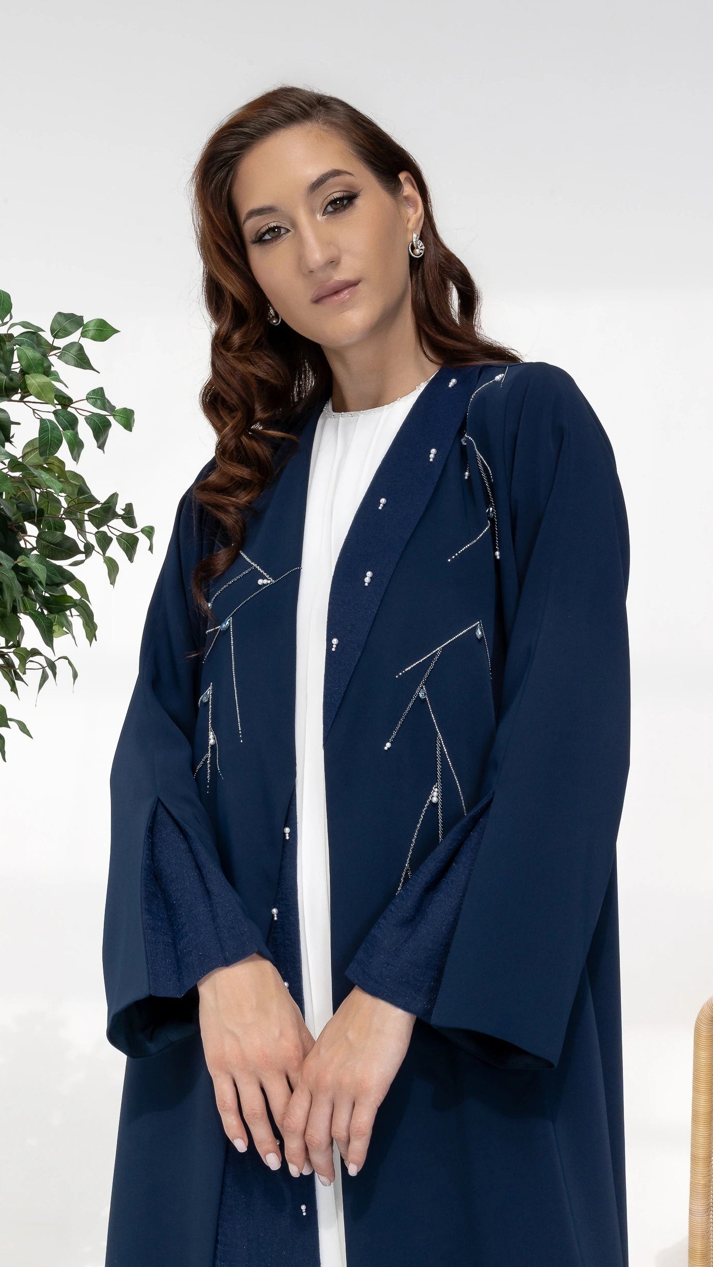 NAYRA | Twilight Luxe Abaya Modern modest fashion abaya with celestial crystal artistry in midnight blue
