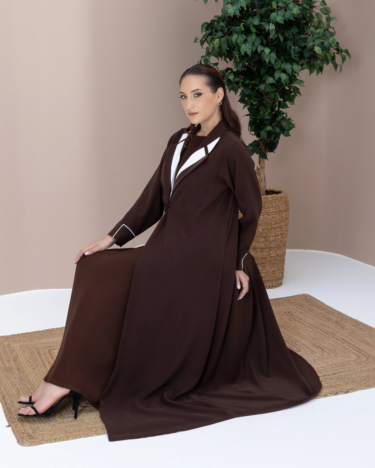 NAZRA Espresso Bianco luxury designer abaya with fluid draping and couture-inspired elegance