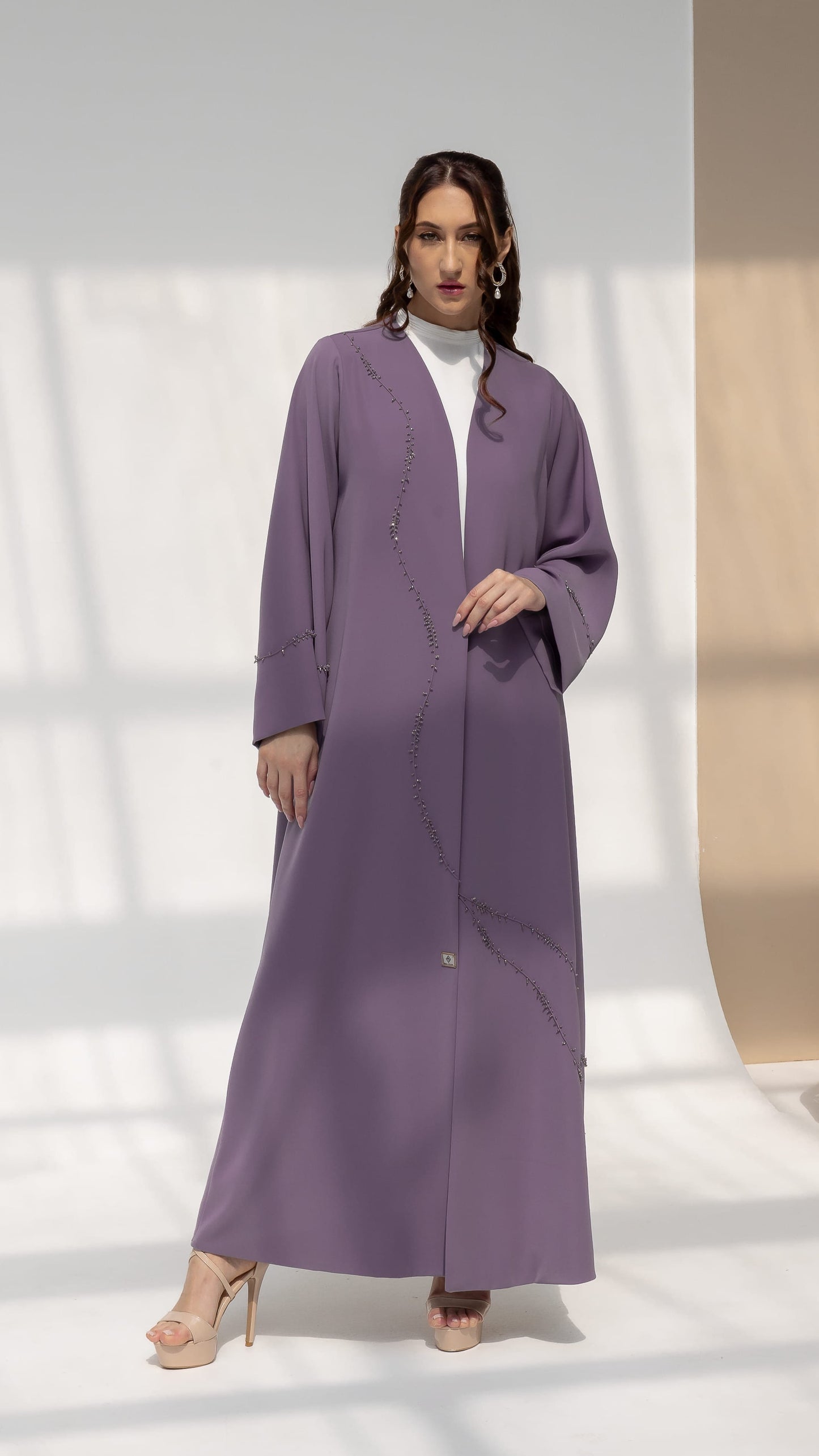 NISREEN | Lilac Cascade - Lilac luxury abaya with cascading bead embellishment