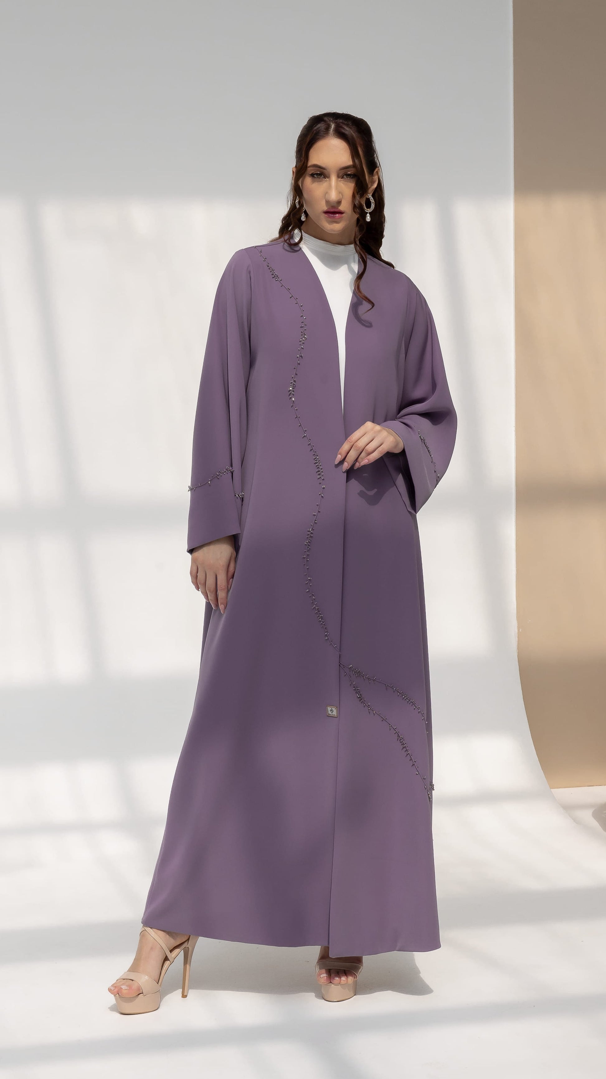 NISREEN | Lilac Cascade - Lilac luxury abaya with cascading bead embellishment