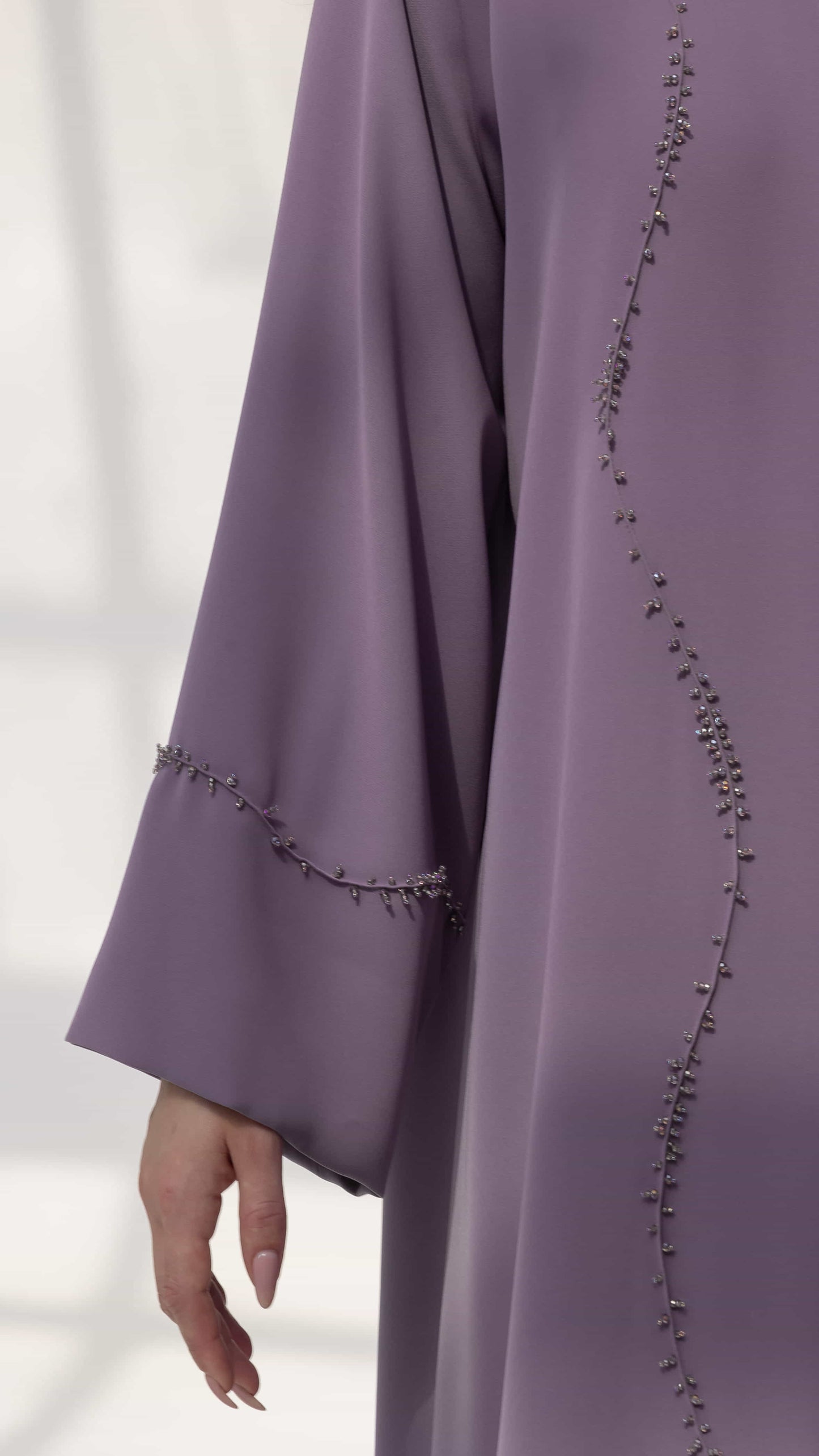 NISREEN | Lilac Cascade Close up bead cascade detail on lilac abaya
