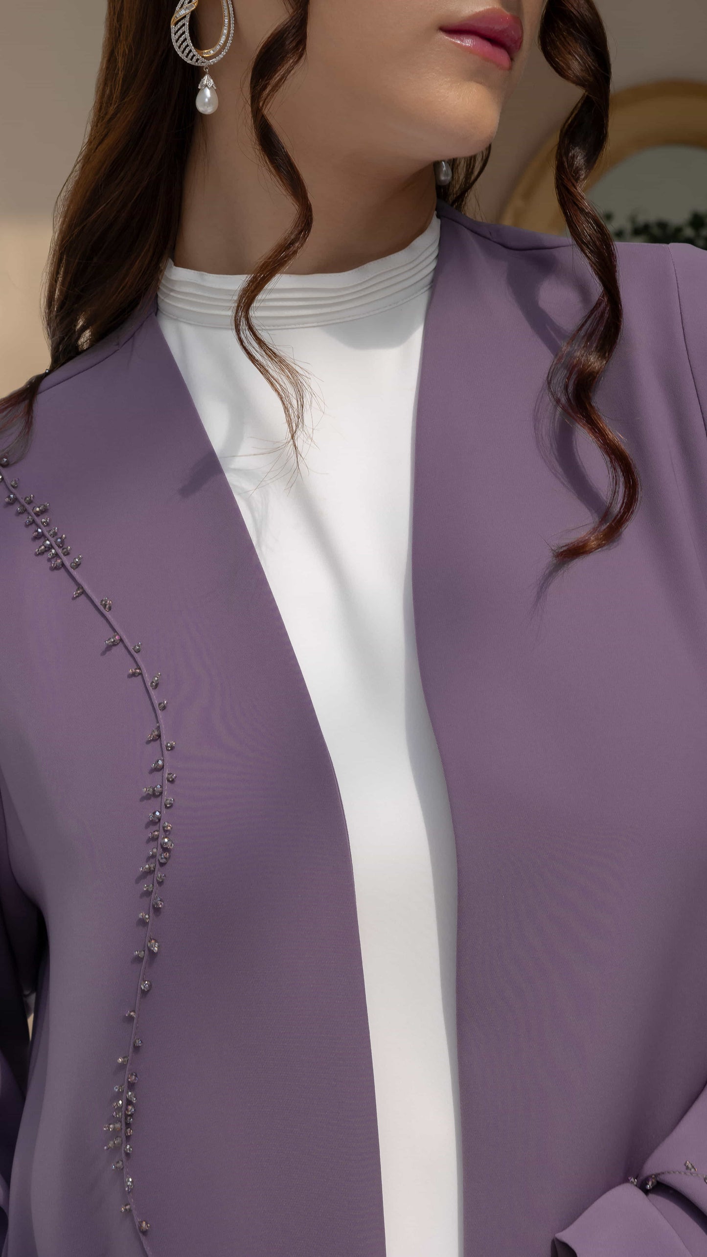 NISREEN | Lilac Cascade Close up bead cascade detail on lilac abaya