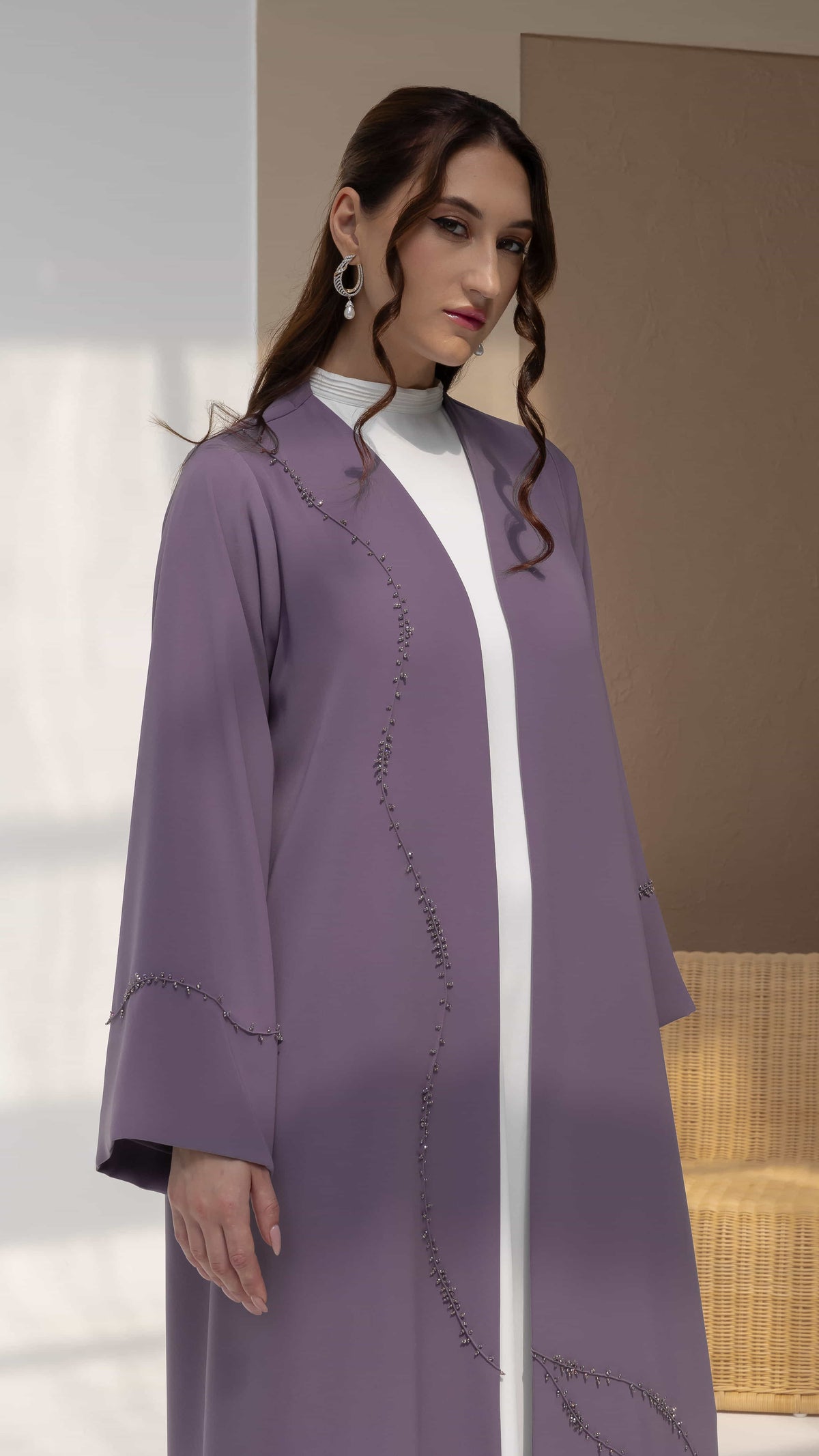 NISREEN | Lilac Cascade Editorial Lilac luxury abaya with cascading bead embellishment