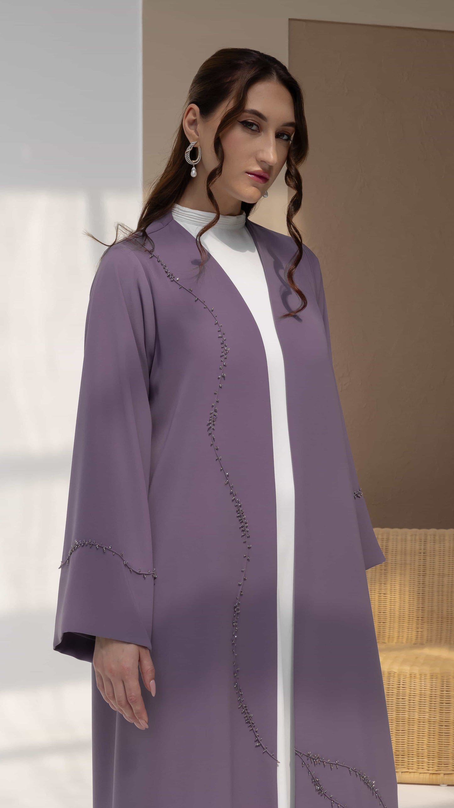 NISREEN | Lilac Cascade Editorial Lilac luxury abaya with cascading bead embellishment