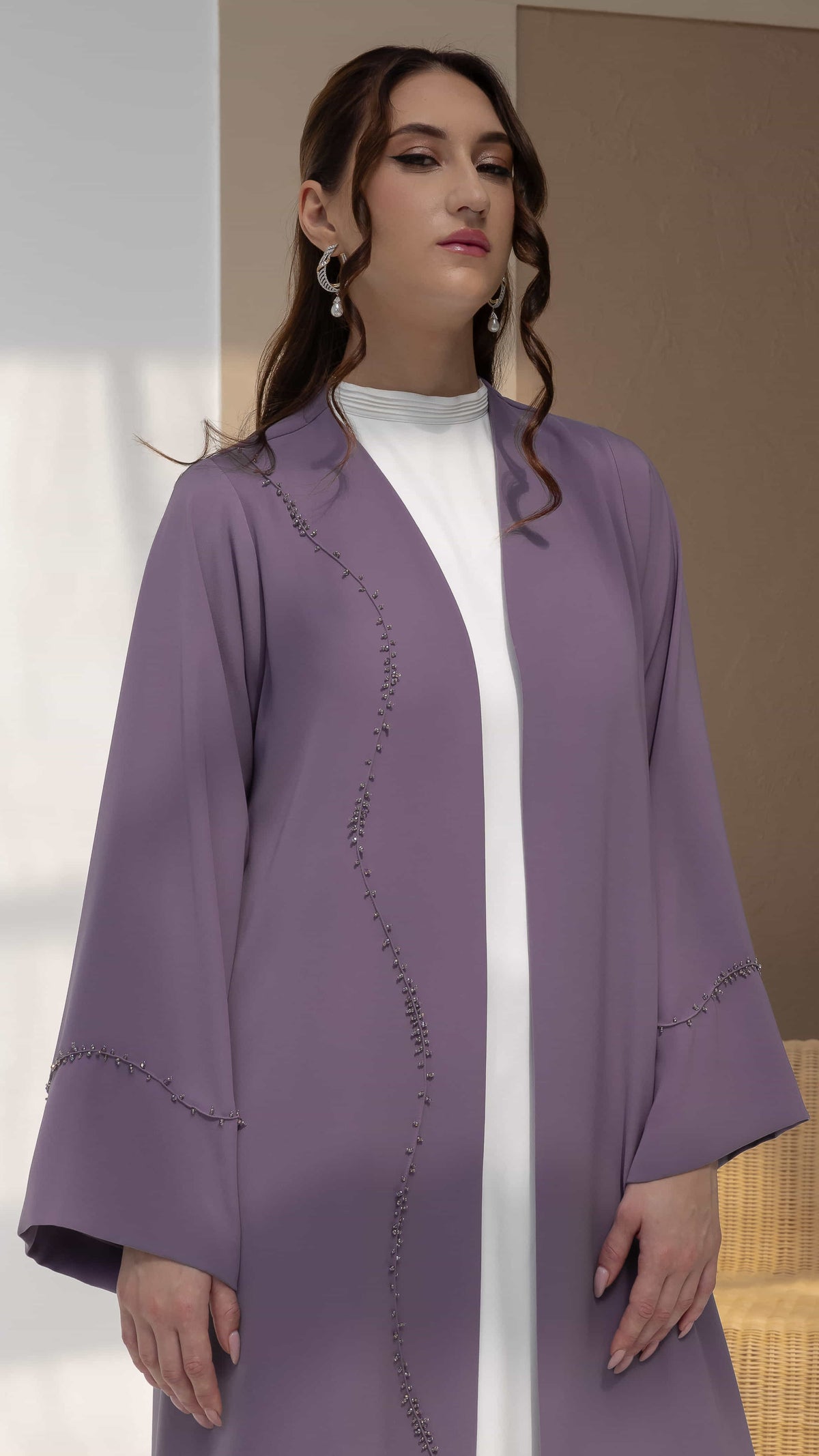 NISREEN | Lilac Cascade Elegant lilac abaya with flowing bead design