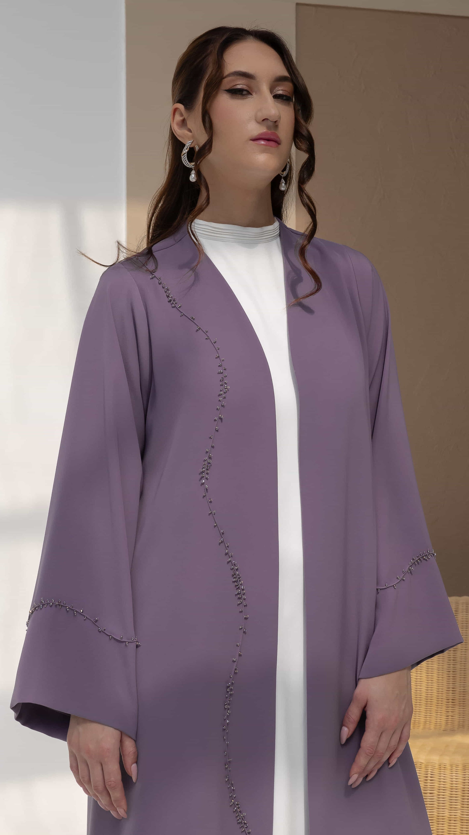 NISREEN | Lilac Cascade Elegant lilac abaya with flowing bead design