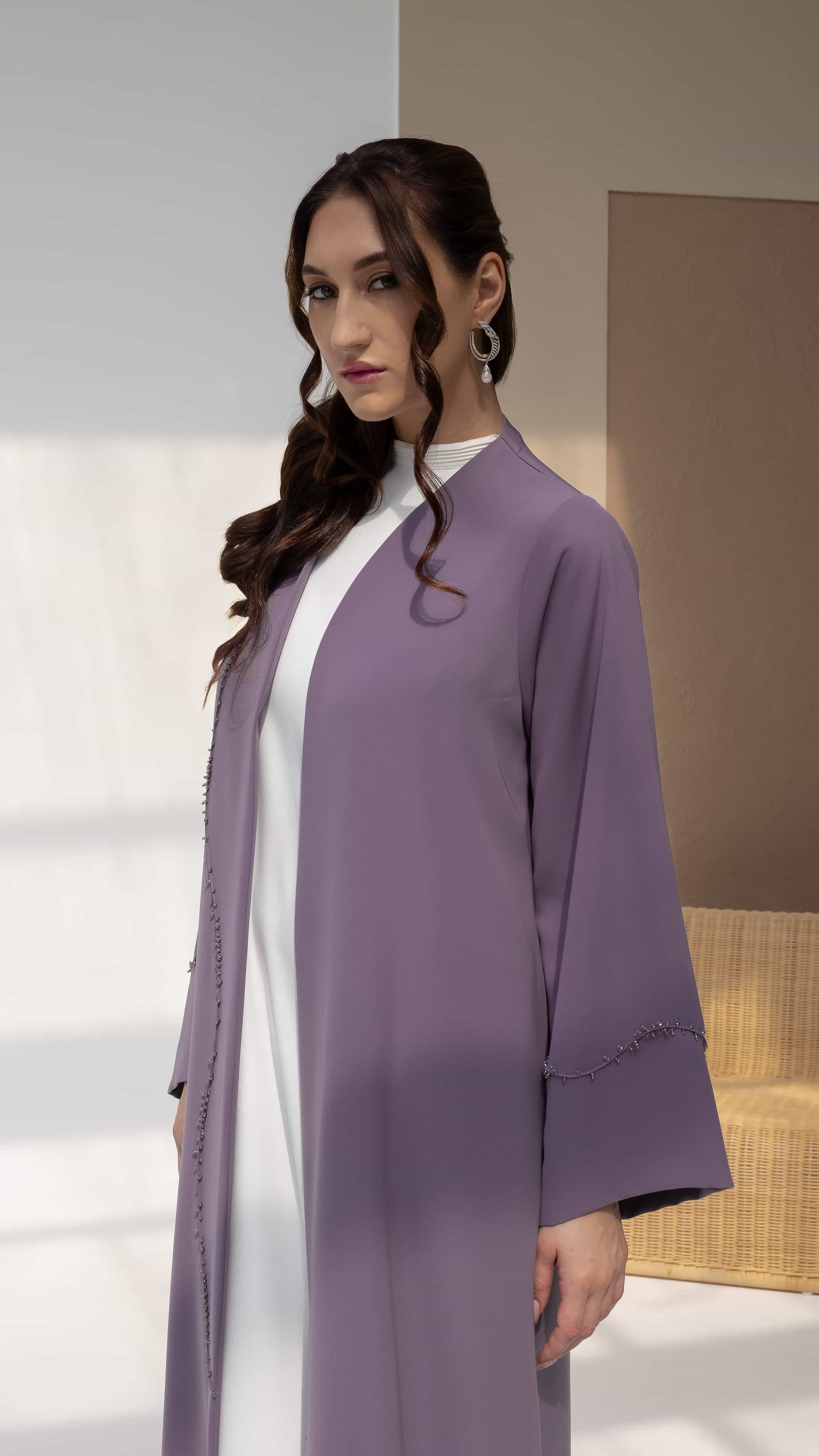 NISREEN | Lilac Cascade Luxury lilac abaya with graceful cascade silhouette