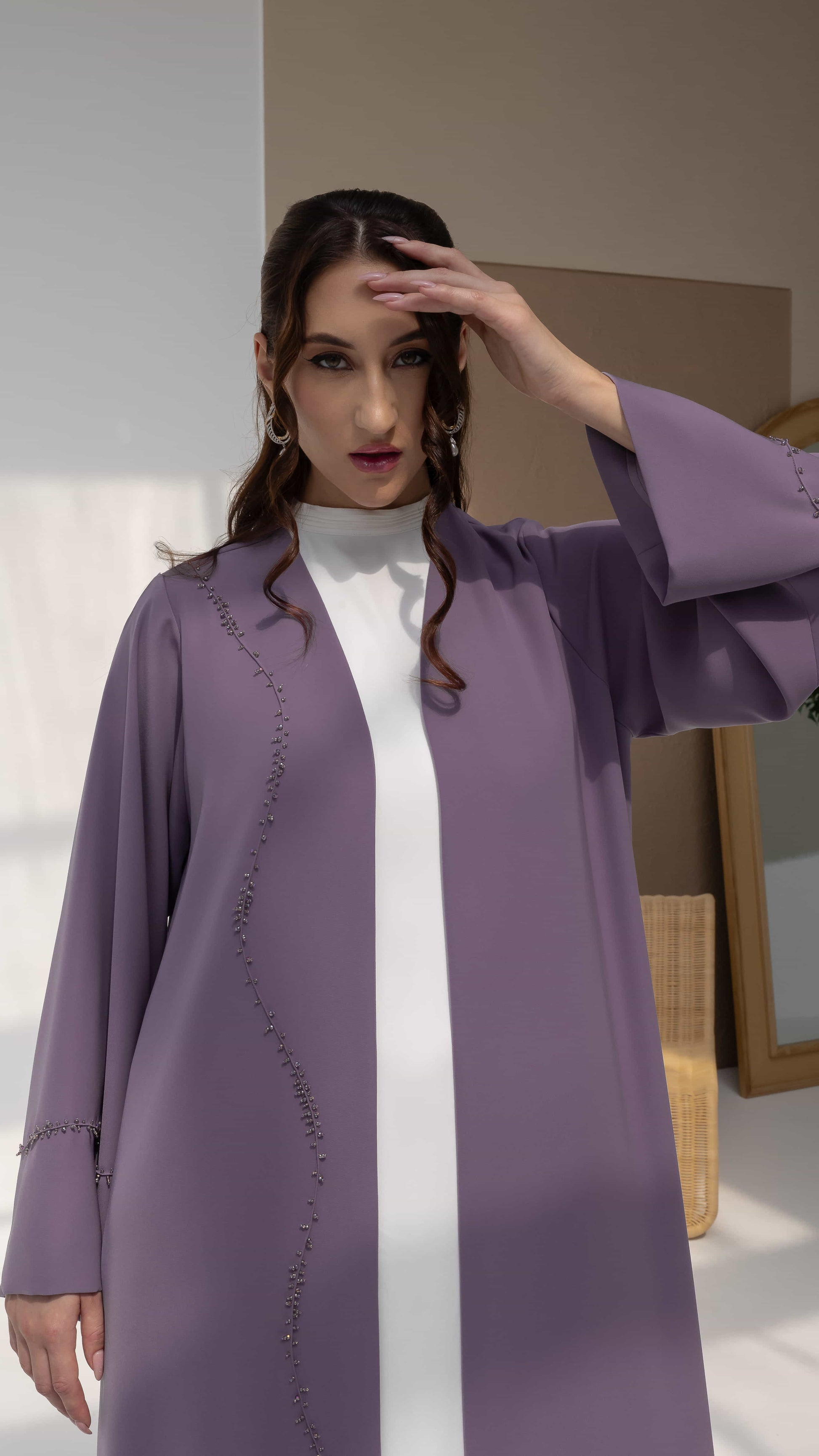 NISREEN | Lilac Cascade Modern modest lilac abaya with delicate embellishment