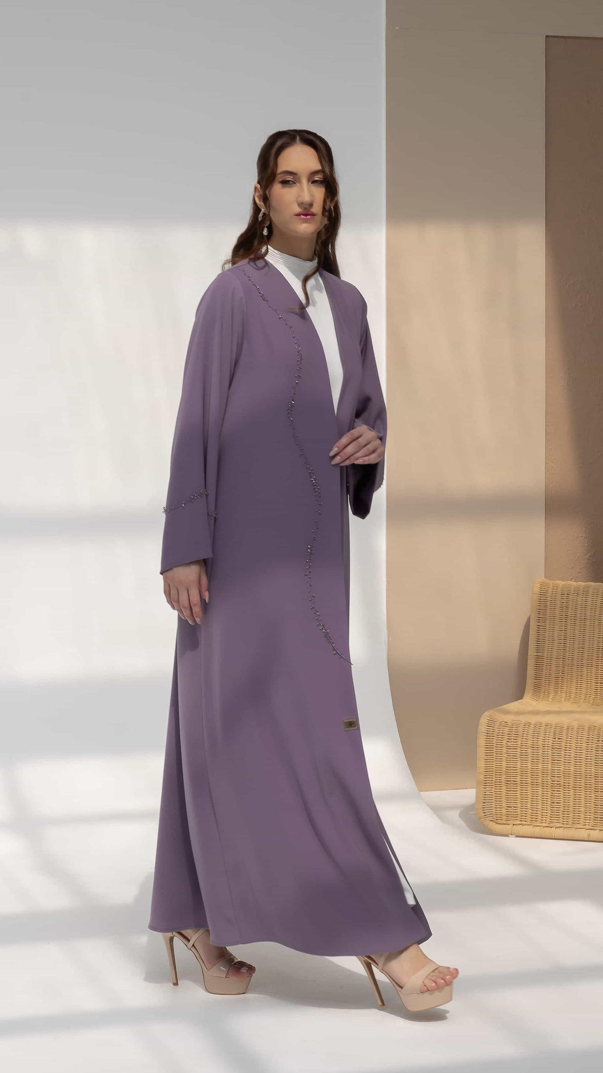 NISREEN | Lilac Cascade Soft feminine lilac abaya with elegant drape