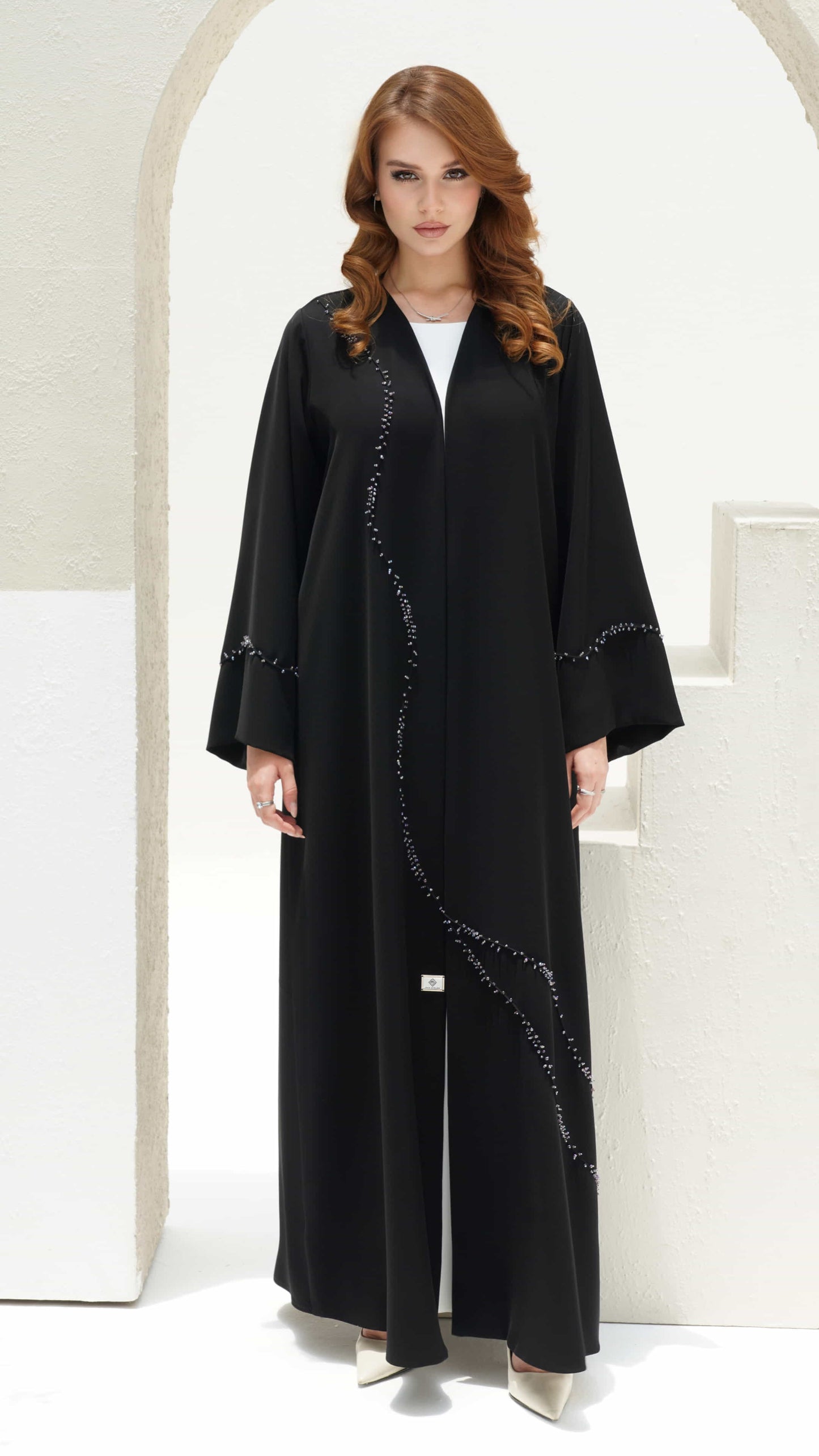 NISREEN | Noir Cascade Black luxury abaya with cascading bead embellishment