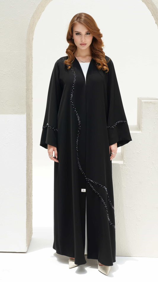 NISREEN | Noir Cascade Black luxury abaya with cascading bead embellishment
