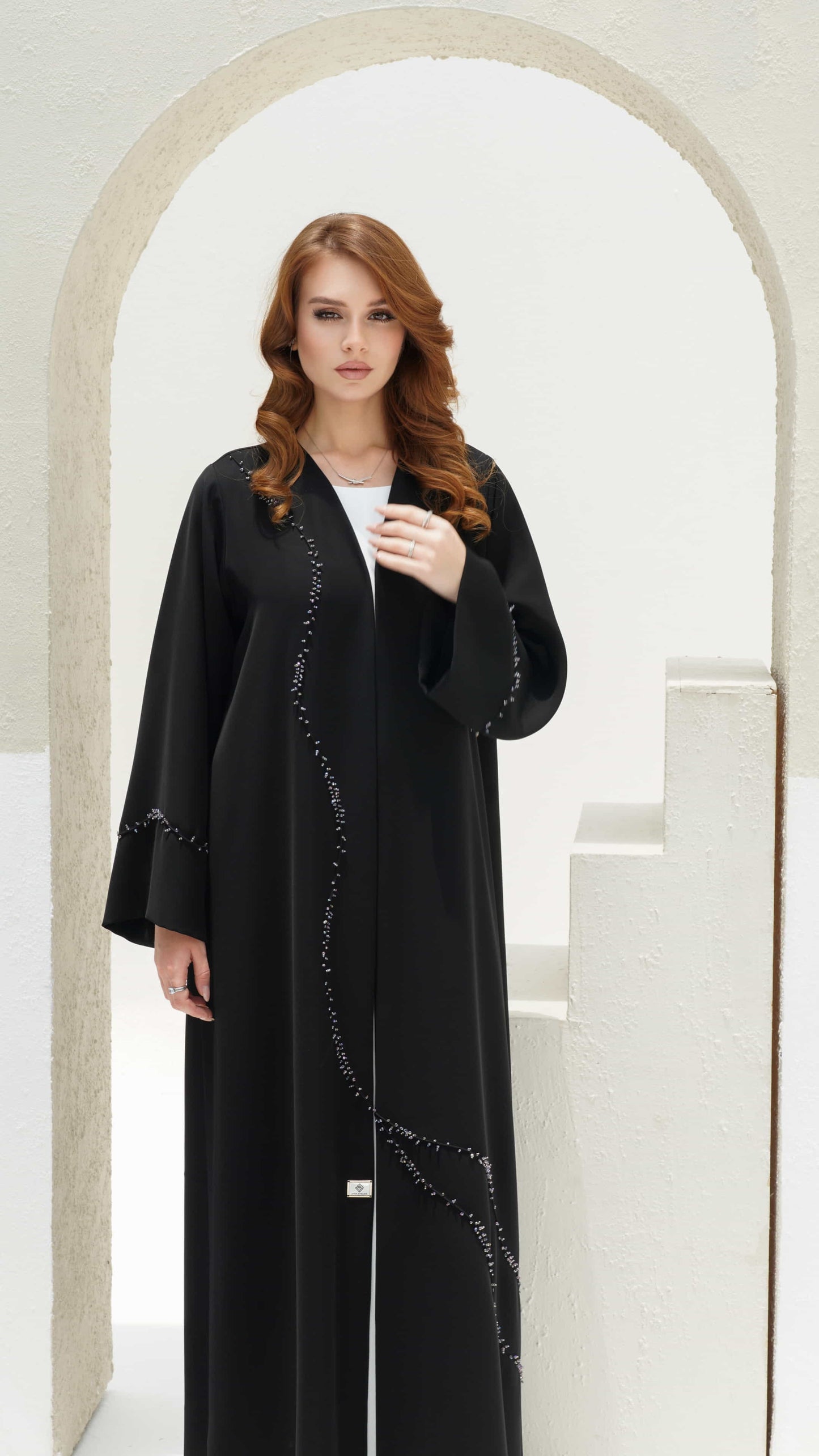 NISREEN | Noir Cascade Elegant noir abaya with flowing beaded design