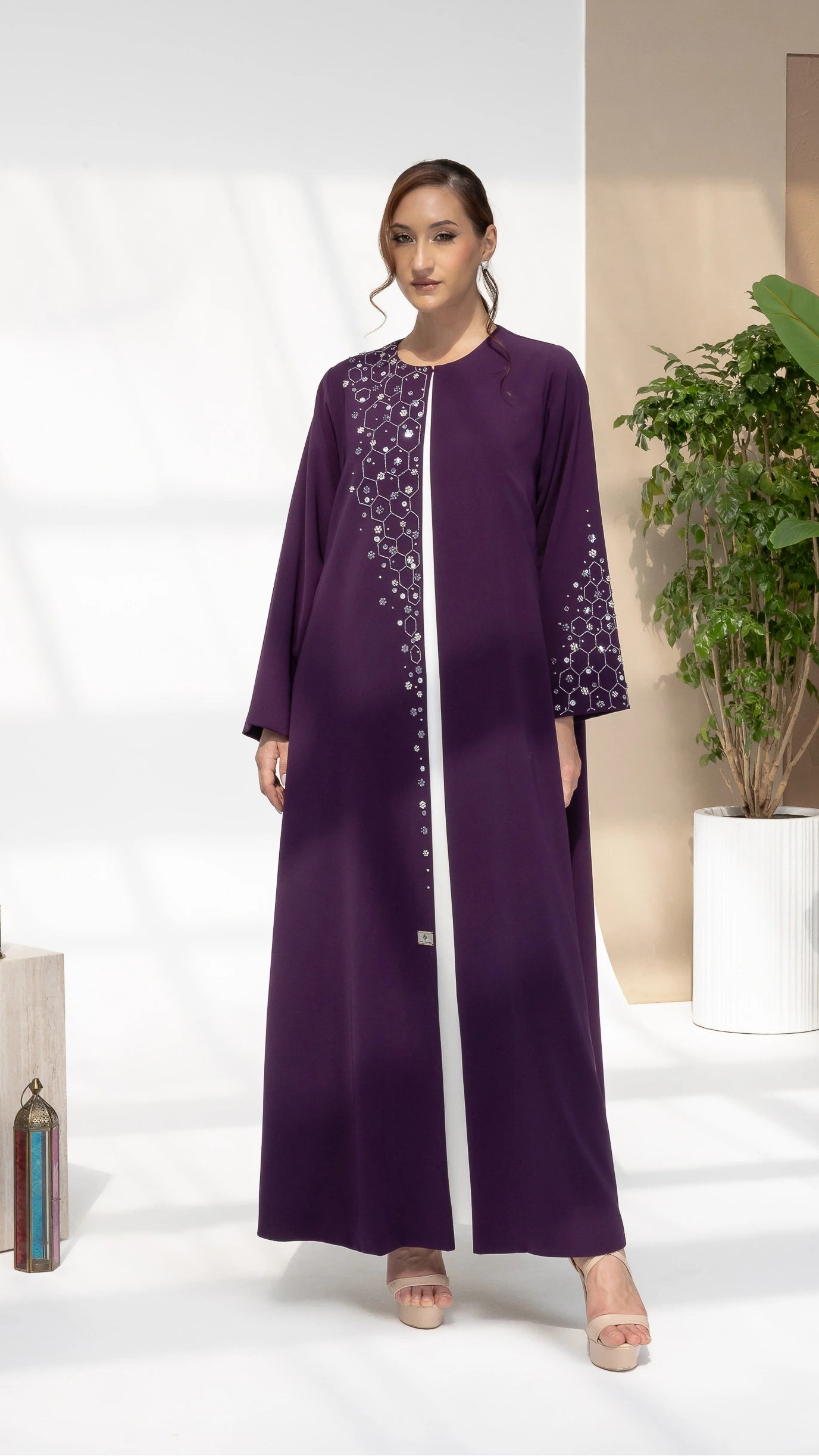 NUBAH Amethyst Mosaic luxury purple abaya full front view with mosaic crystal embroidery