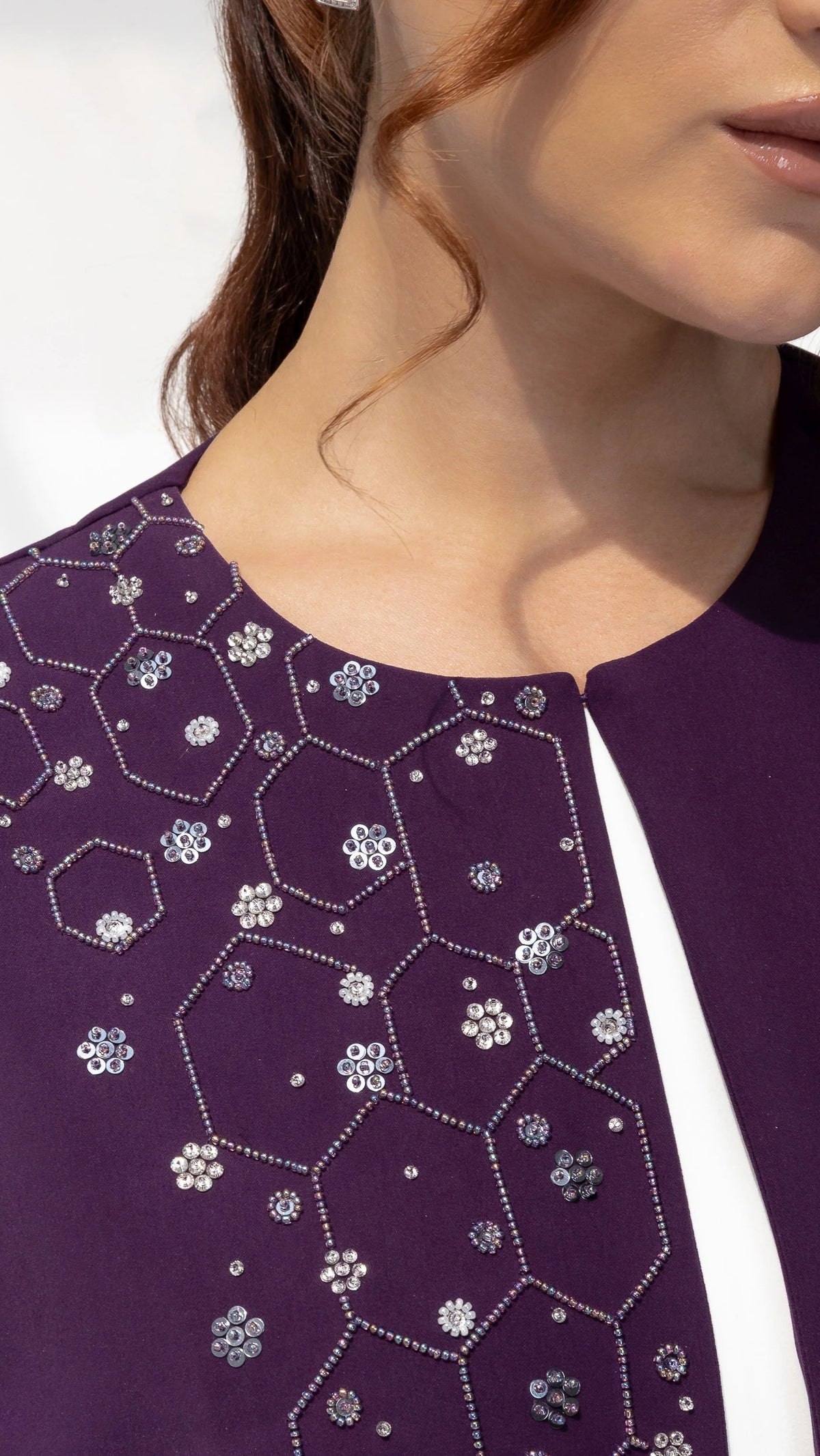 NUBAH Amethyst Mosaic Abaya close-up portrait highlighting crystal mosaic embroidery on neckline