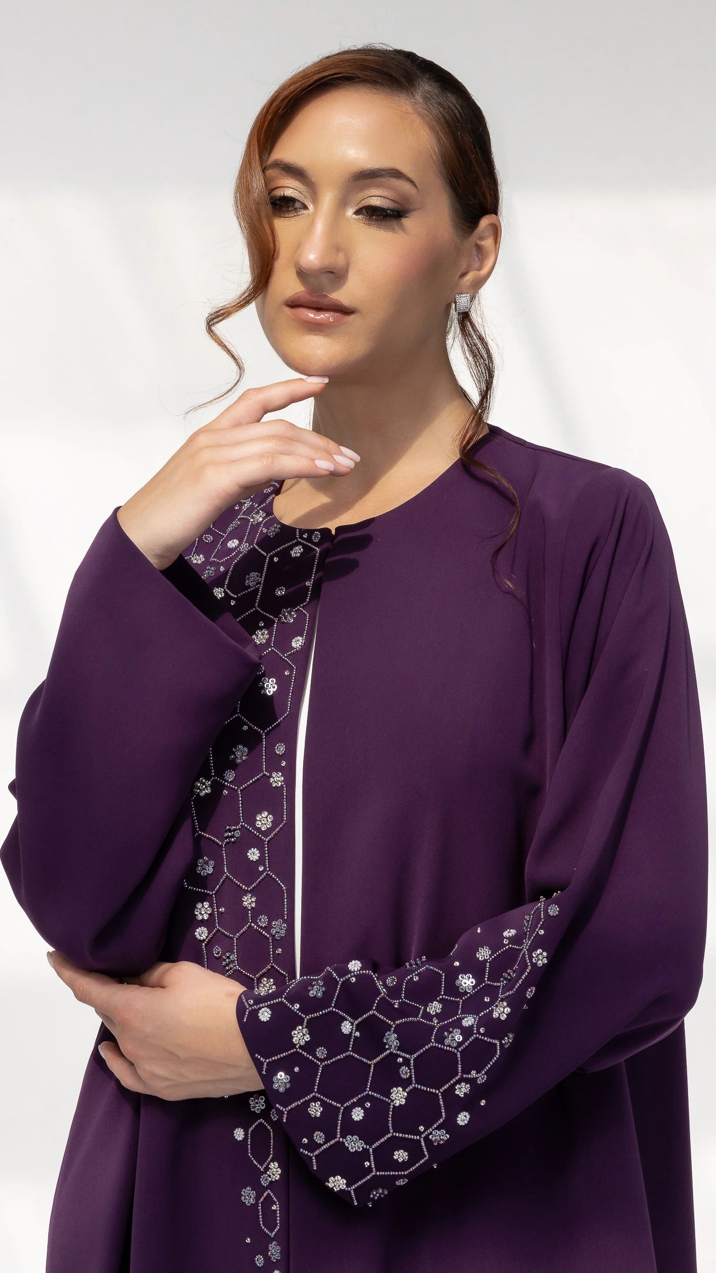 NUBAH Amethyst Mosaic Abaya front profile showcasing flowing silhouette and crystal sleeve detailing