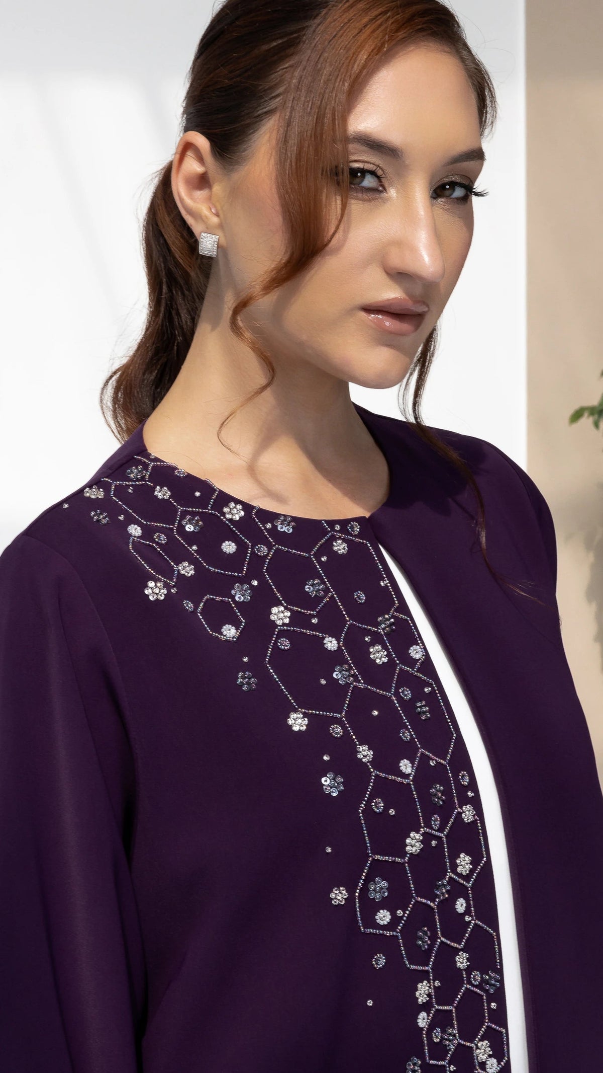 NUBAH Amethyst Mosaic abaya chest embroidery detail with shimmering mosaic crystal artistry