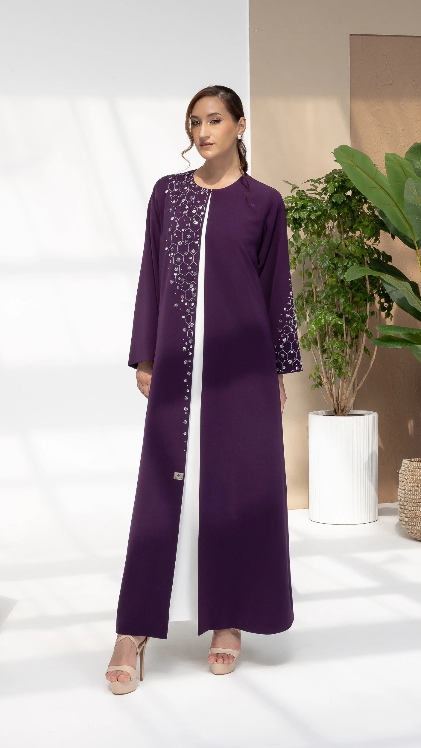 NUBAH Amethyst Mosaic abaya elegant open-front purple abaya with geometric crystal embellishments