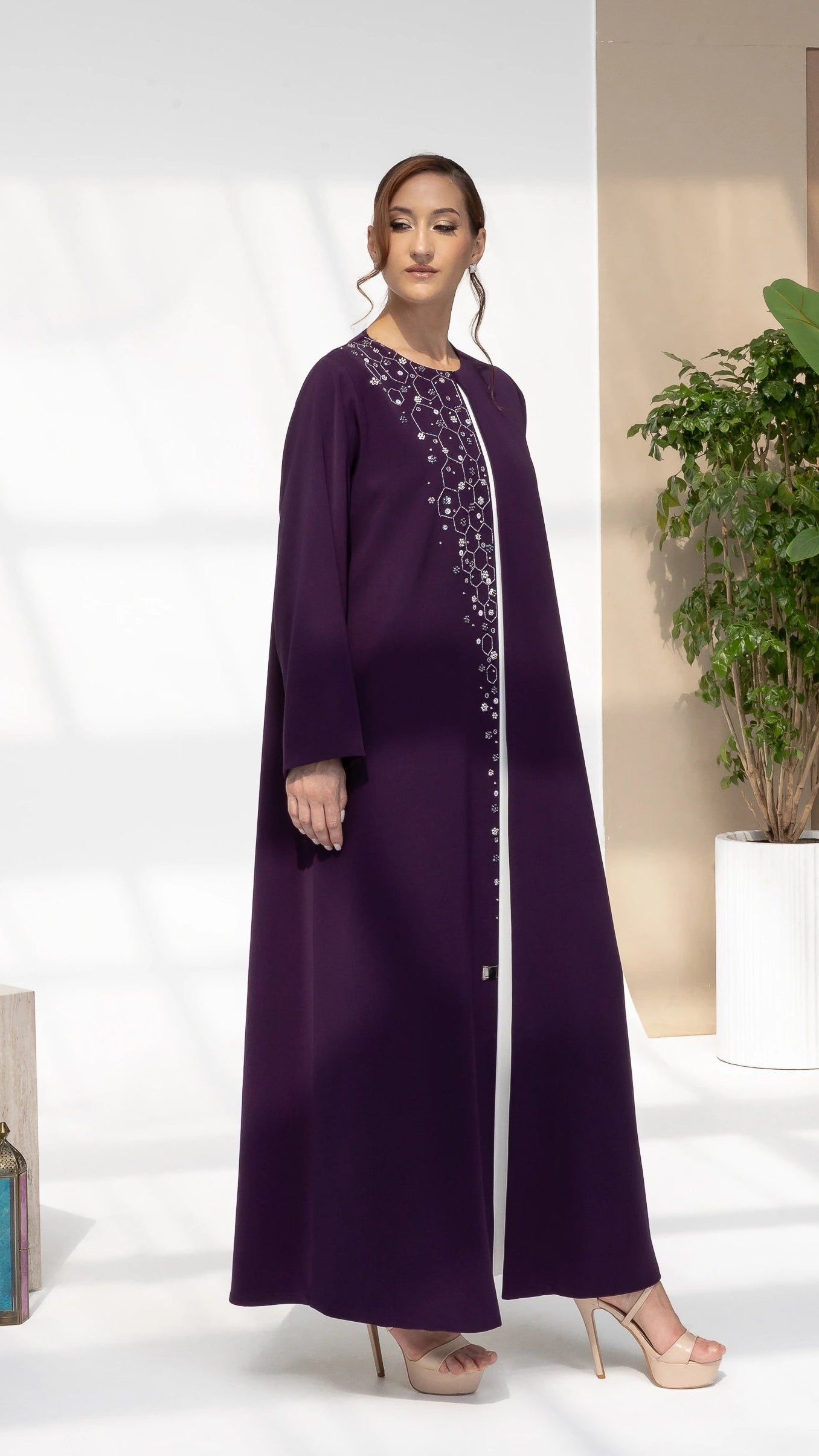 NUBAH Amethyst Mosaic abaya luxury purple abaya angled pose with refined mosaic embellishments