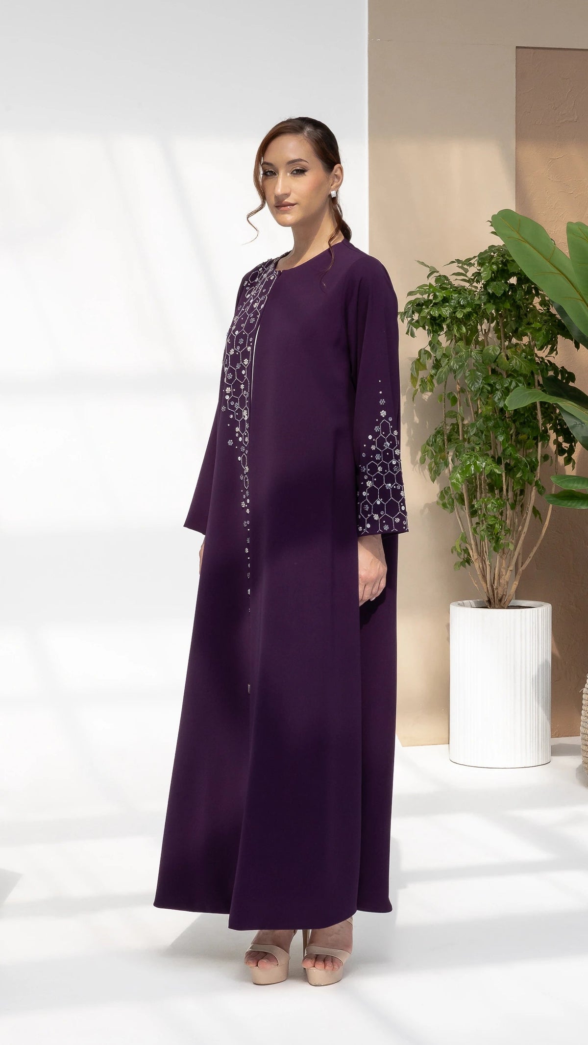 NUBAH Amethyst Mosaic side profile luxury purple abaya angled pose with refined mosaic embellishments