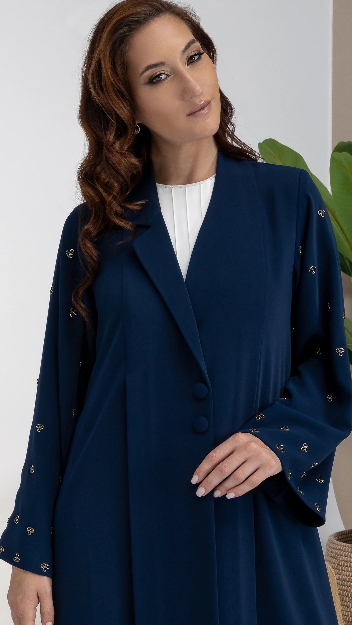 NUJUMA Midnight Luxe abaya elegant midnight navy abaya with couture lapel neckline and gold detailing