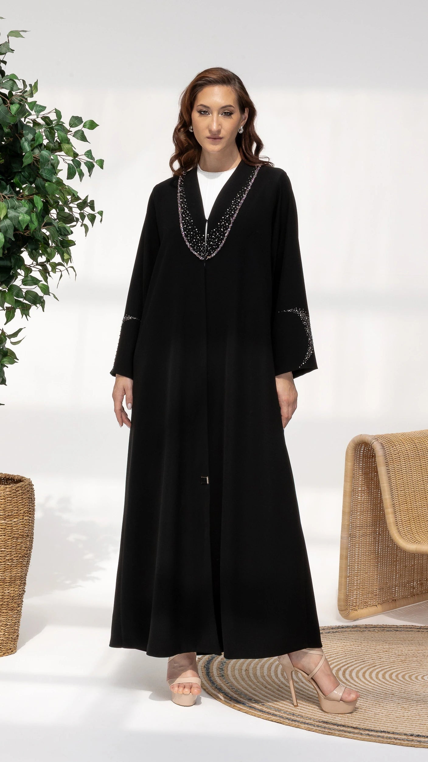 Nuhaylah Noir Eclat Abaya Crystal embellished neckline close-up on black luxury abaya by Diva Atelier