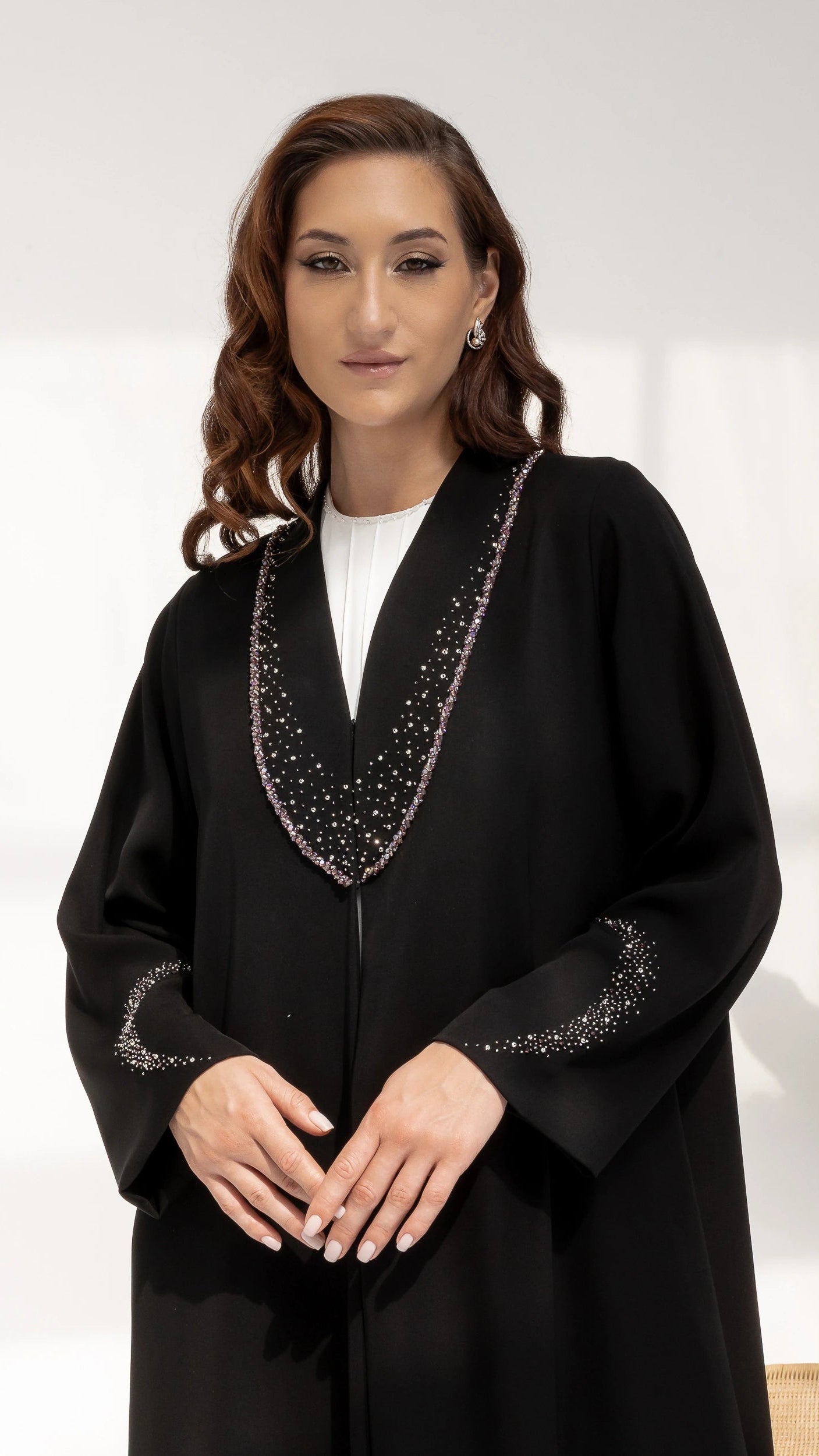 Nuhaylah Noir Eclat Abaya Crystal sleeve detail on black luxury abaya