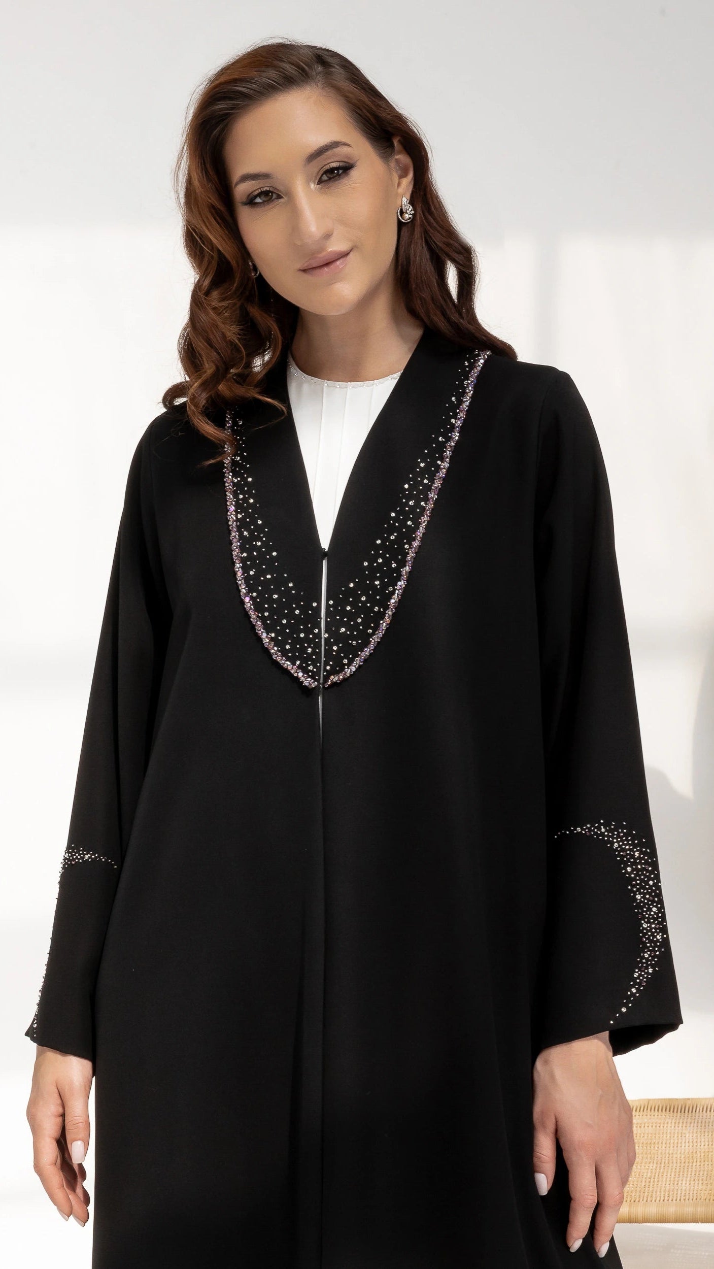 Nuhaylah Noir Eclat Luxury black abaya front pose with illuminated crystal accents