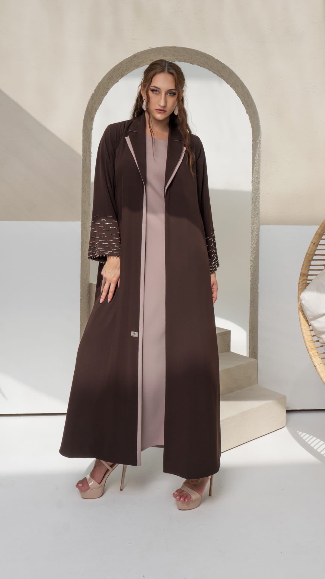 RANYA | Cocoa Crystal Rain Brown luxury abaya with mauve inner dress and linear crystal beadwork sleeves front view