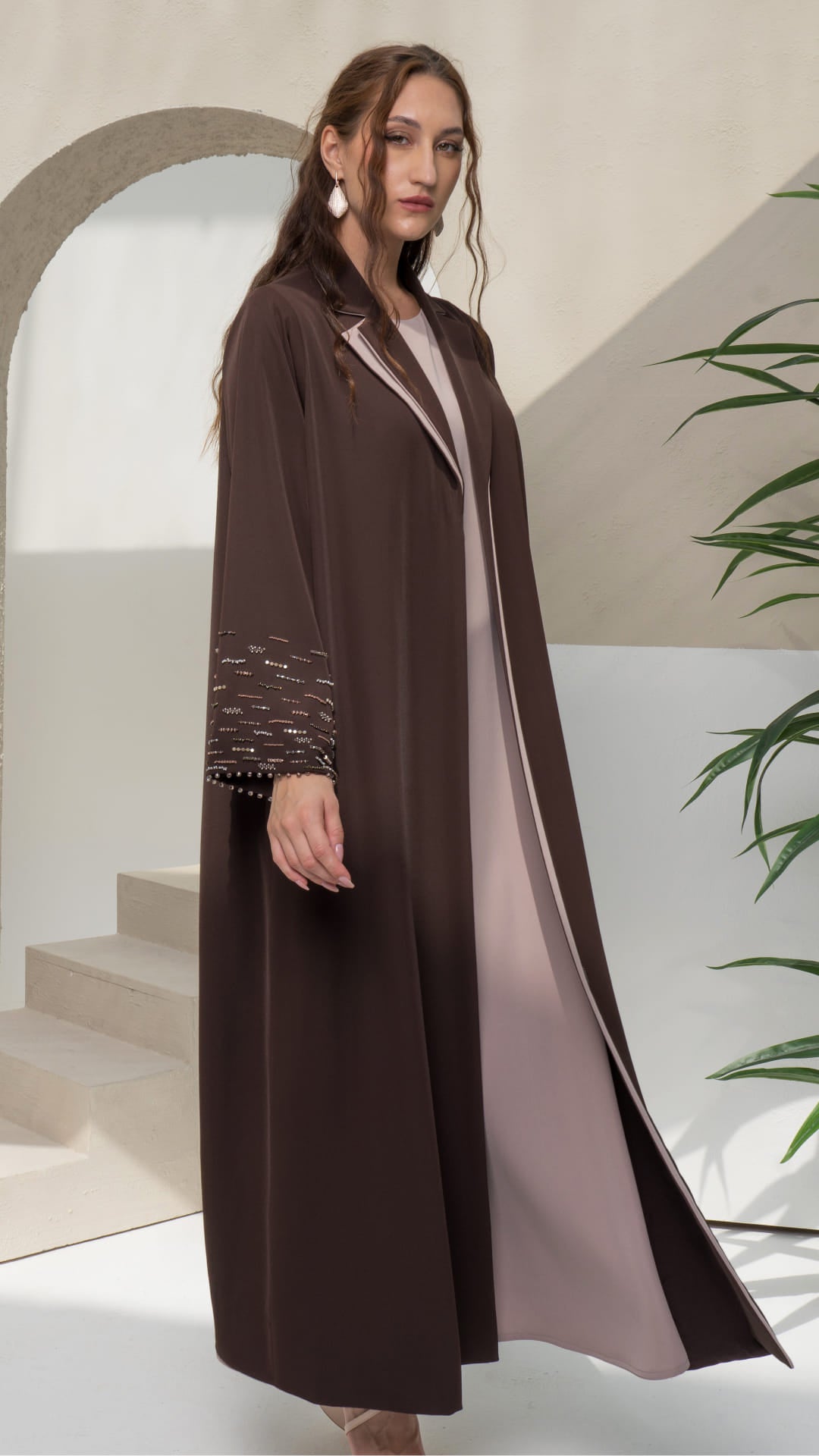 RANYA | Cocoa Crystal Rain Full silhouette cocoa abaya with structured collar and modern elegant fit