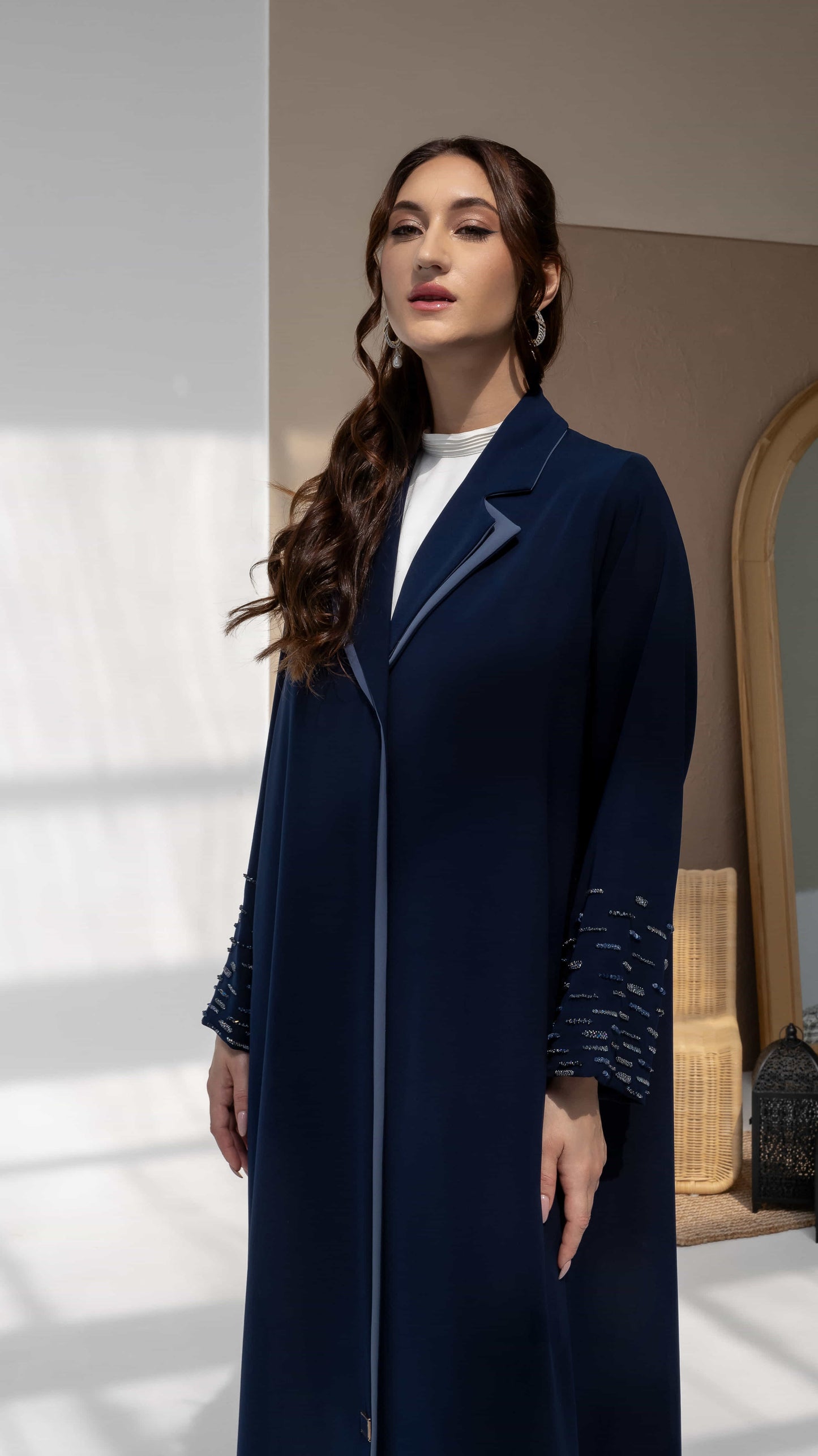 RANYA | Midnight Crystal Rain neckline and lapel collar with contrast piping navy abaya