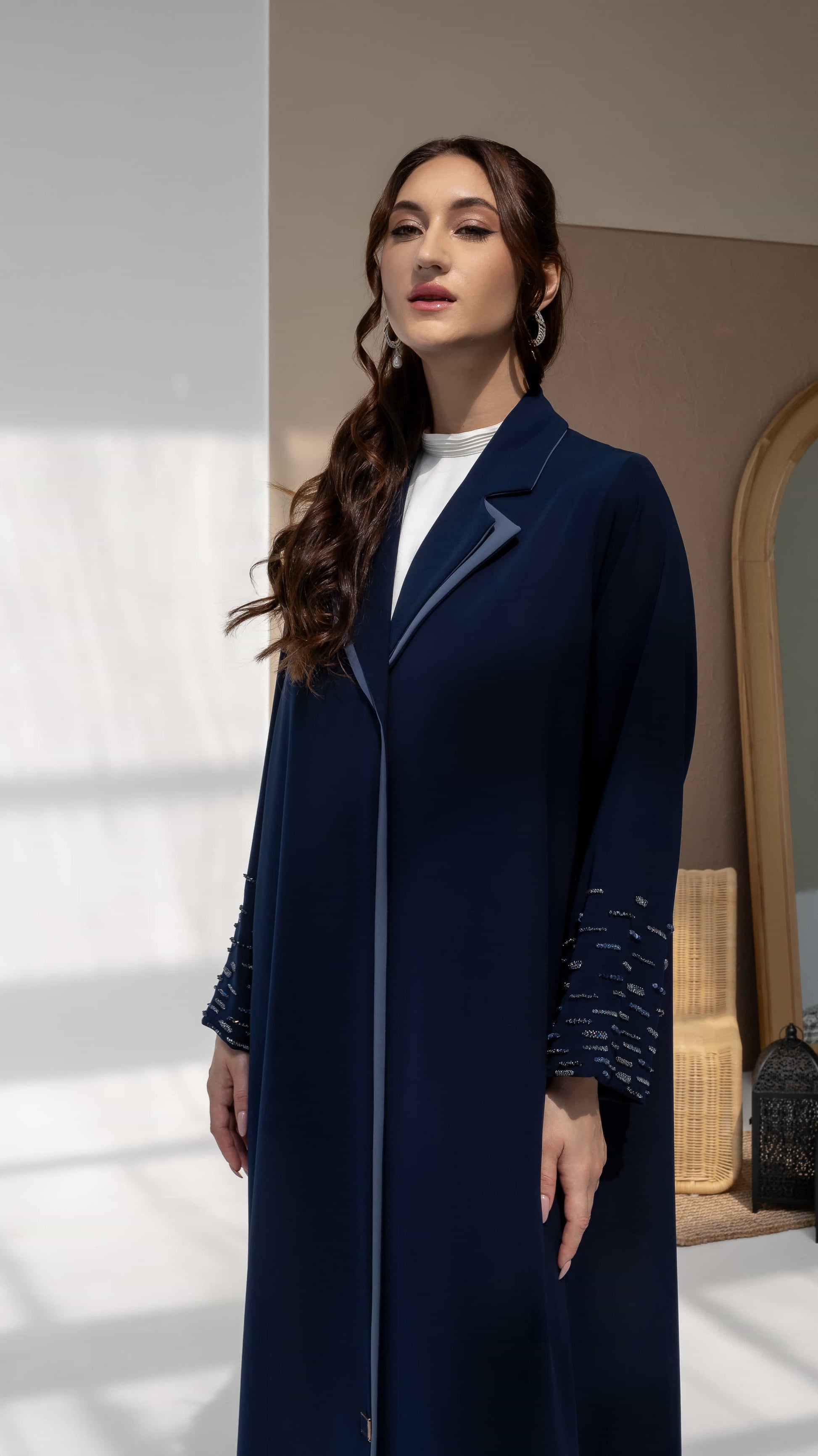 RANYA | Midnight Crystal Rain neckline and lapel collar with contrast piping navy abaya
