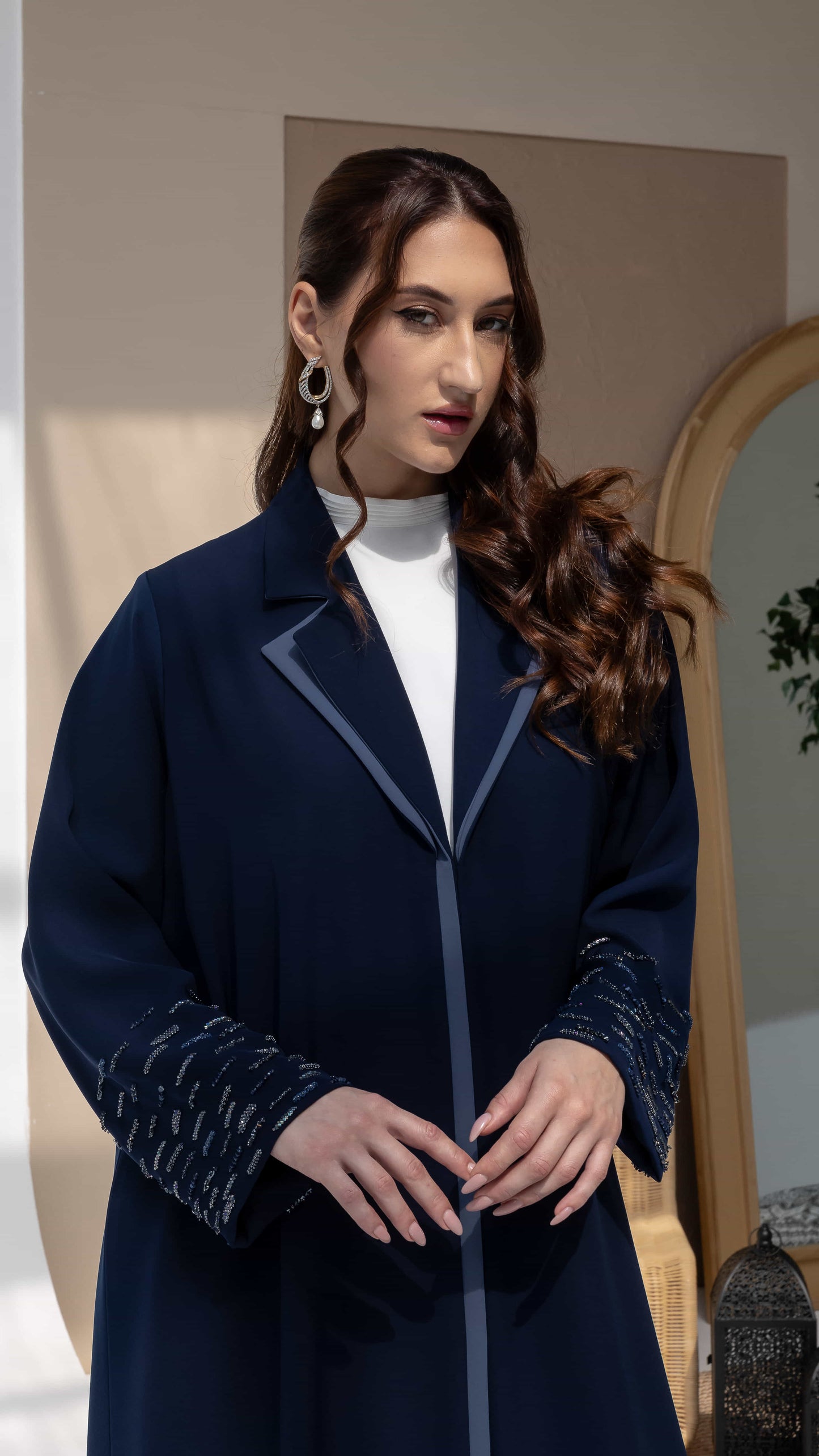 RANYA | Midnight Crystal Rain Front silhouette cocoa abaya with structured collar and modern elegant fit