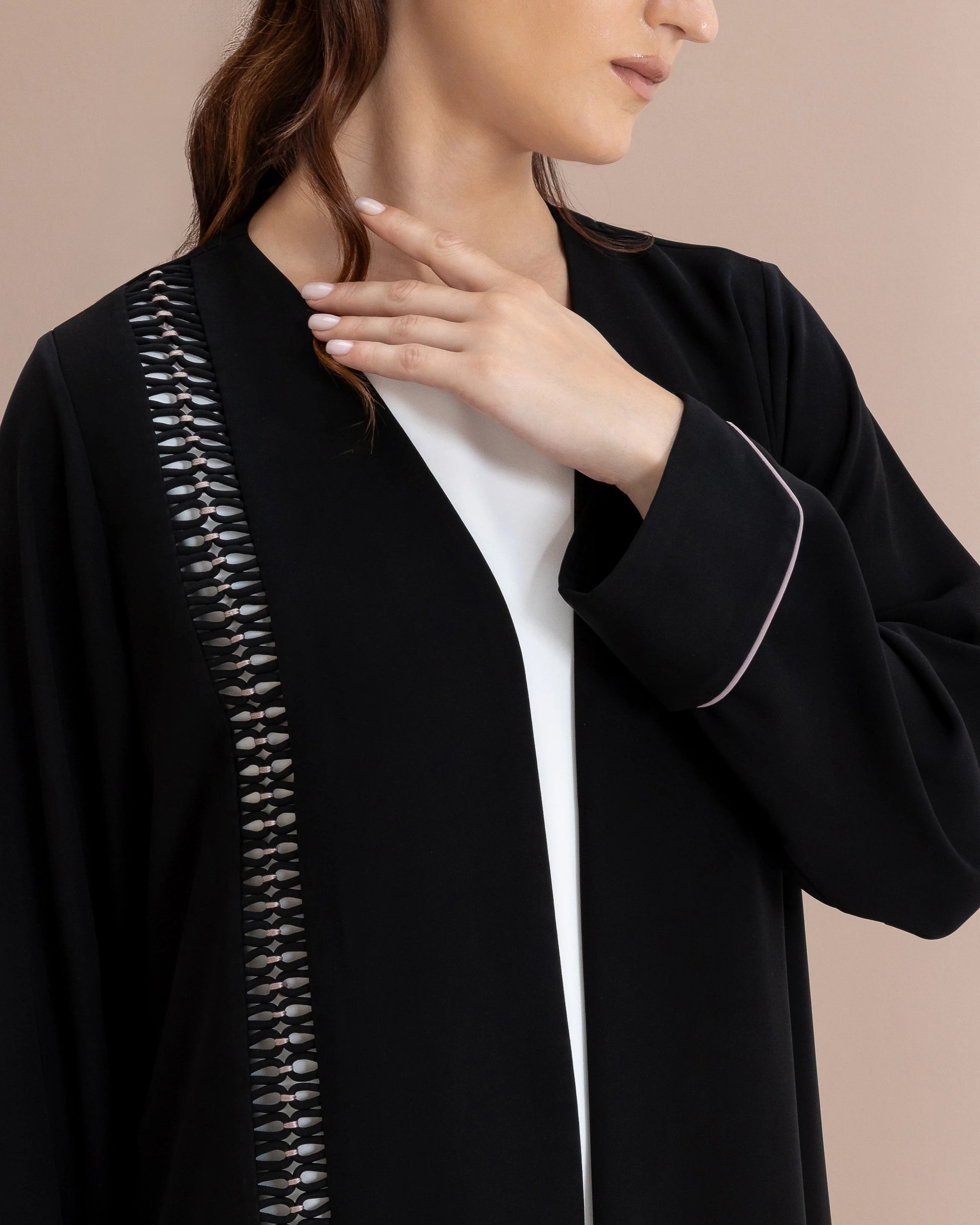 RASMAH Eclipse Noir architectural black abaya with refined sleeve piping detail