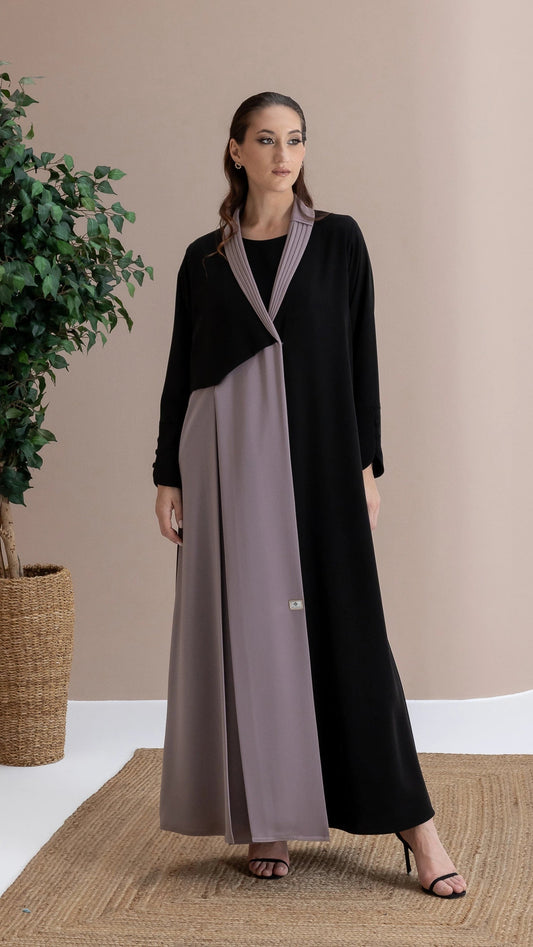 RAWAN Taupe Noir luxury black and taupe abaya with pleated collar detail full-length view