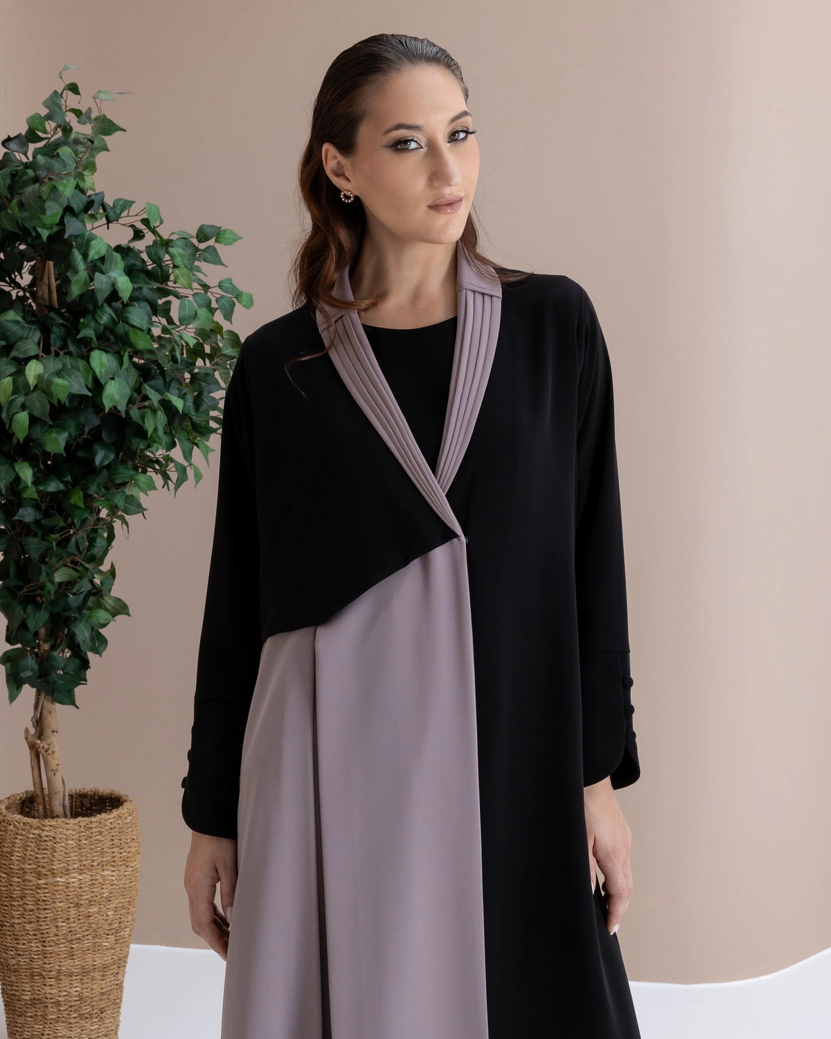 RAWAN Taupe Noir contemporary modest fashion abaya with asymmetrical taupe panel design