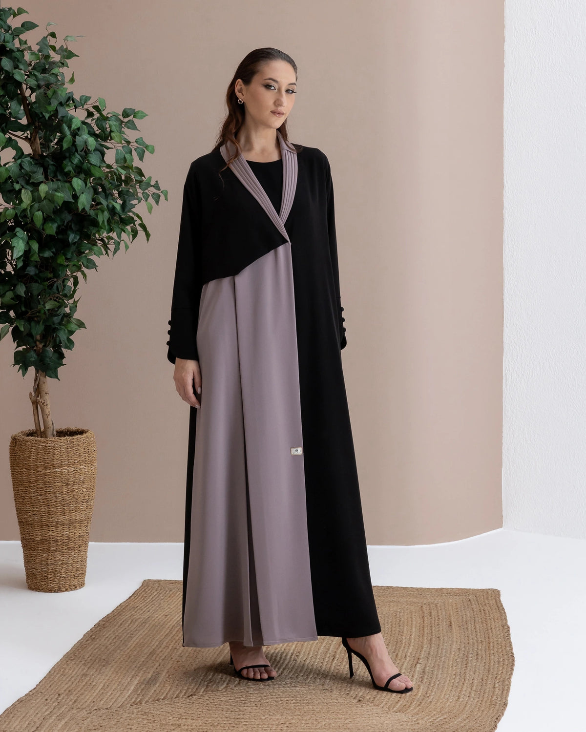 RAWAN Taupe Noir sophisticated designer abaya for Ramadan, Eid, and elevated everyday elegance
