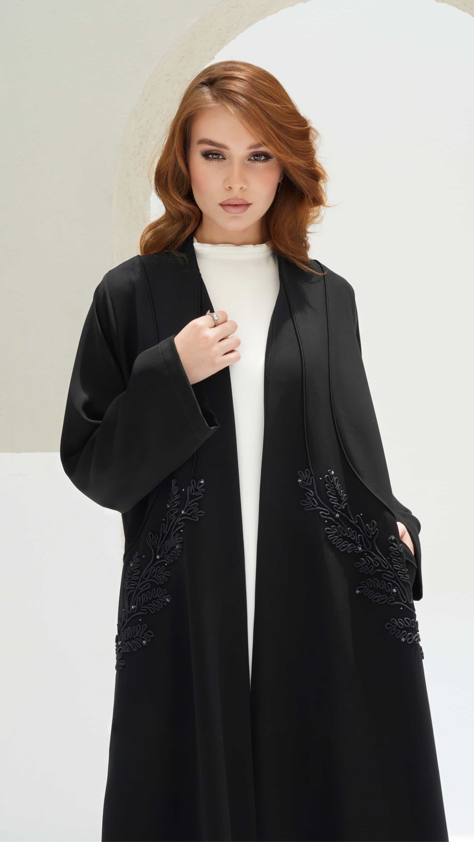 RAYHANA | Noir Botanique Premium black abaya with intricate leaf embroidery designed for elegant evening wear