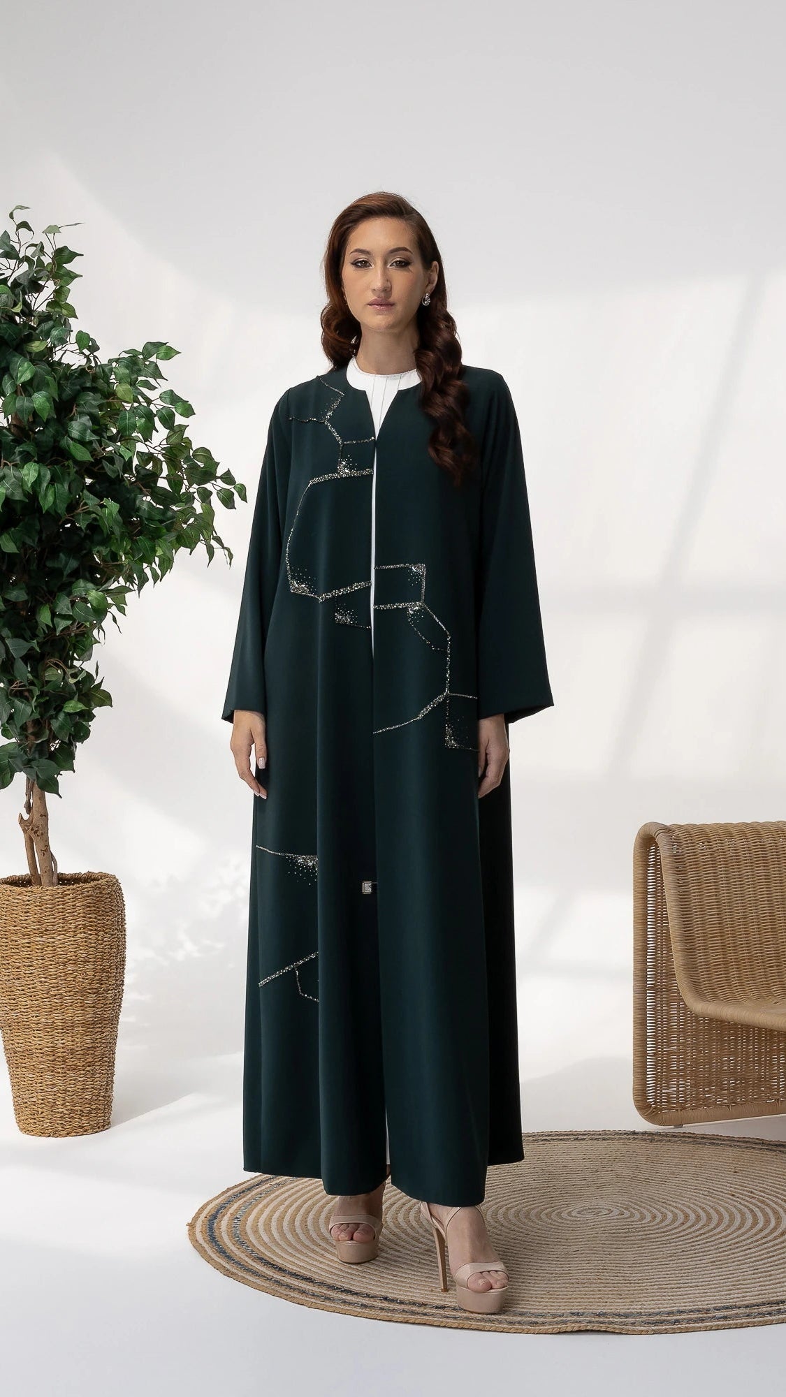 RUBA Emerald Mirage designer emerald green abaya inspired by geometric mirage artistry
