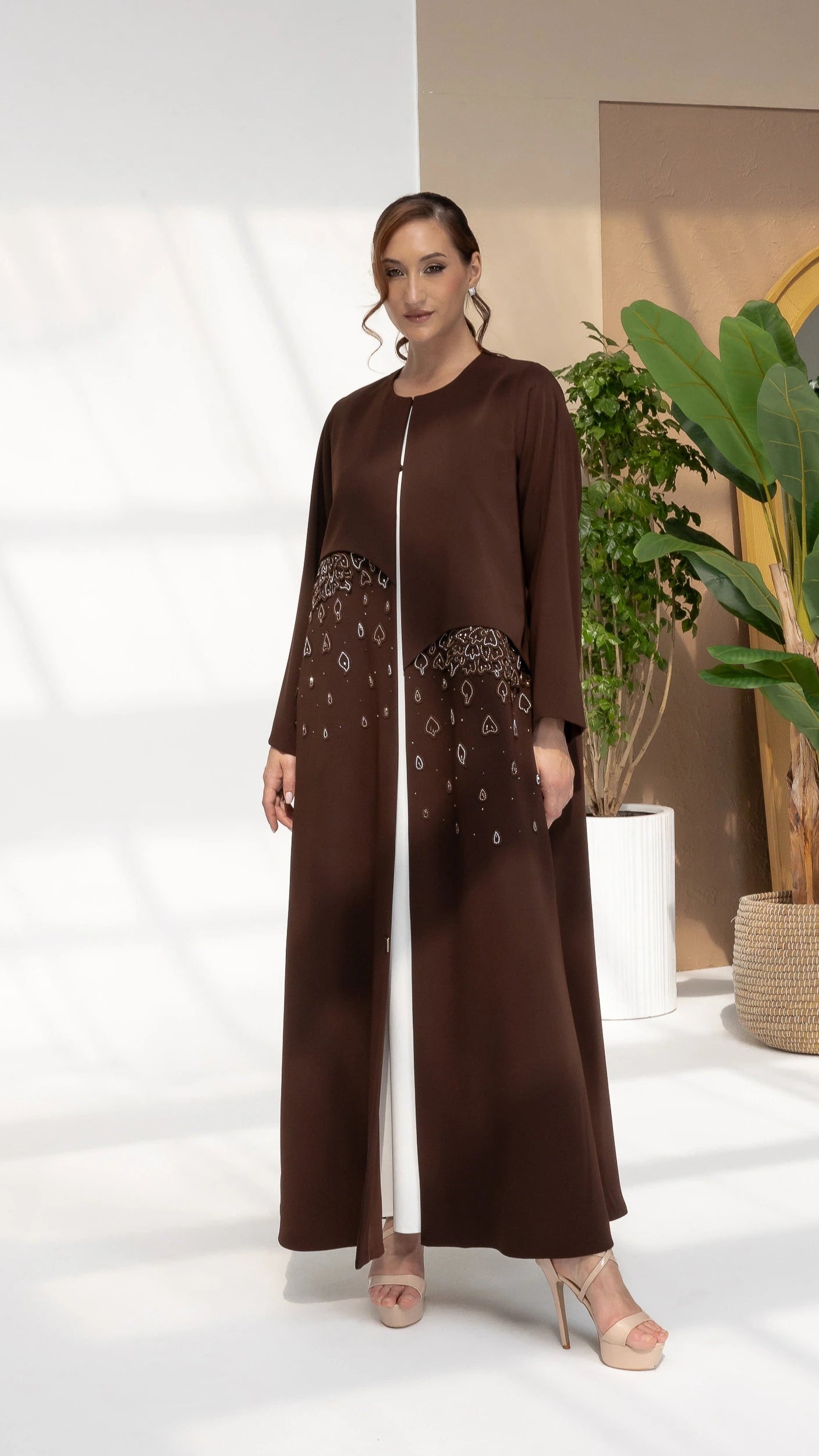 RUSANA Cacao Bloom luxury brown abaya with handcrafted 3D floral embellishments full-length portrait