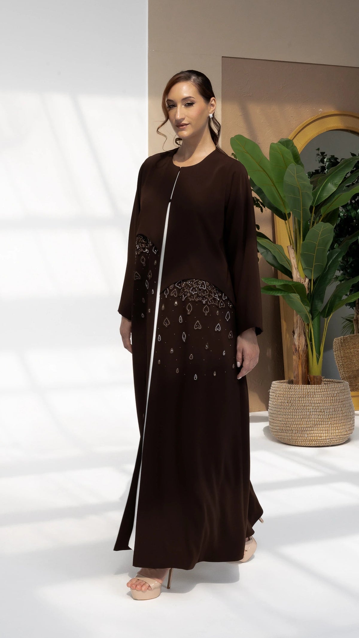 RUSANA Cacao Bloom luxury modest abaya with flowing silhouette and floral crystal accents