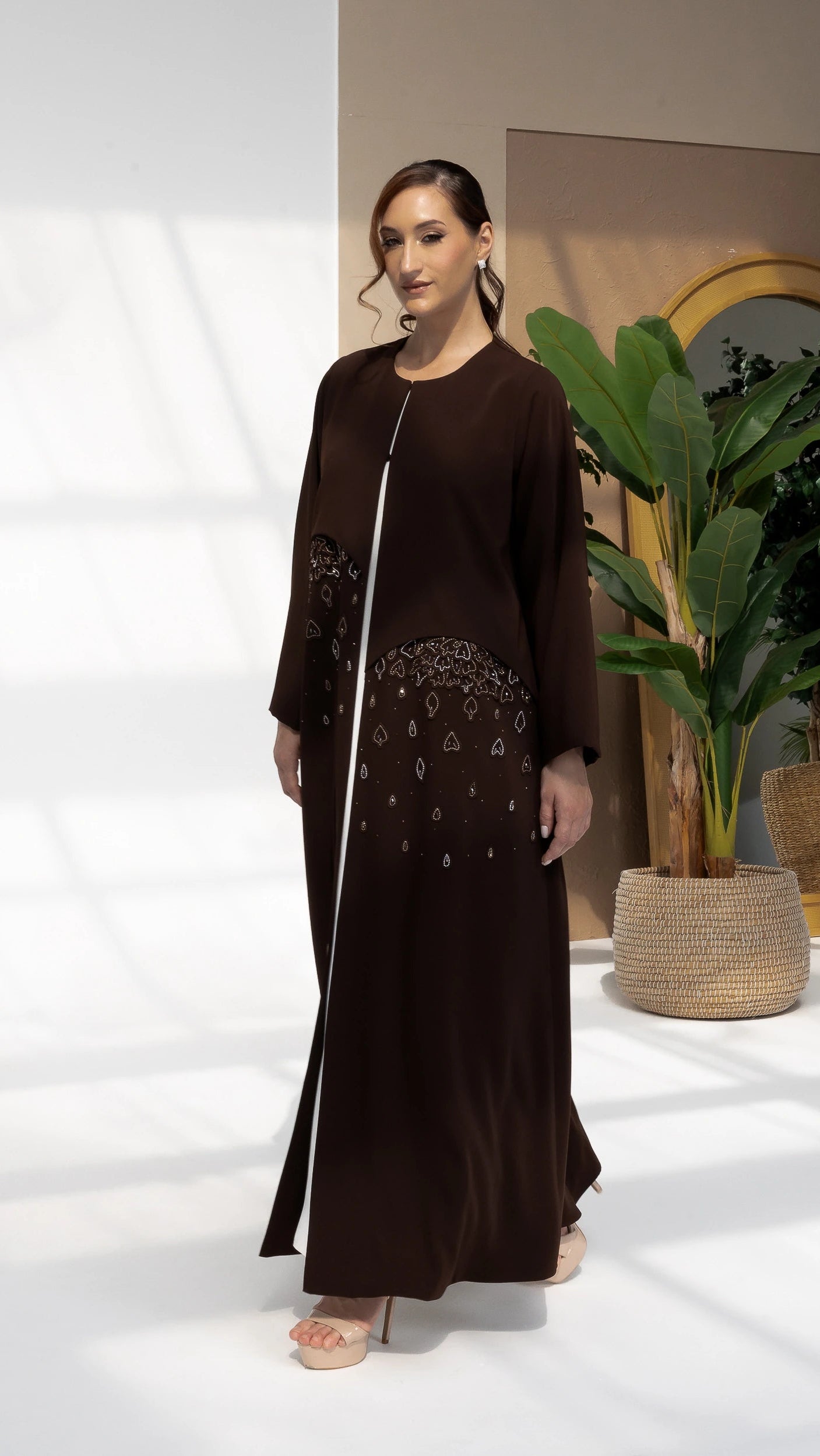 RUSANA Cacao Bloom luxury modest abaya with flowing silhouette and floral crystal accents