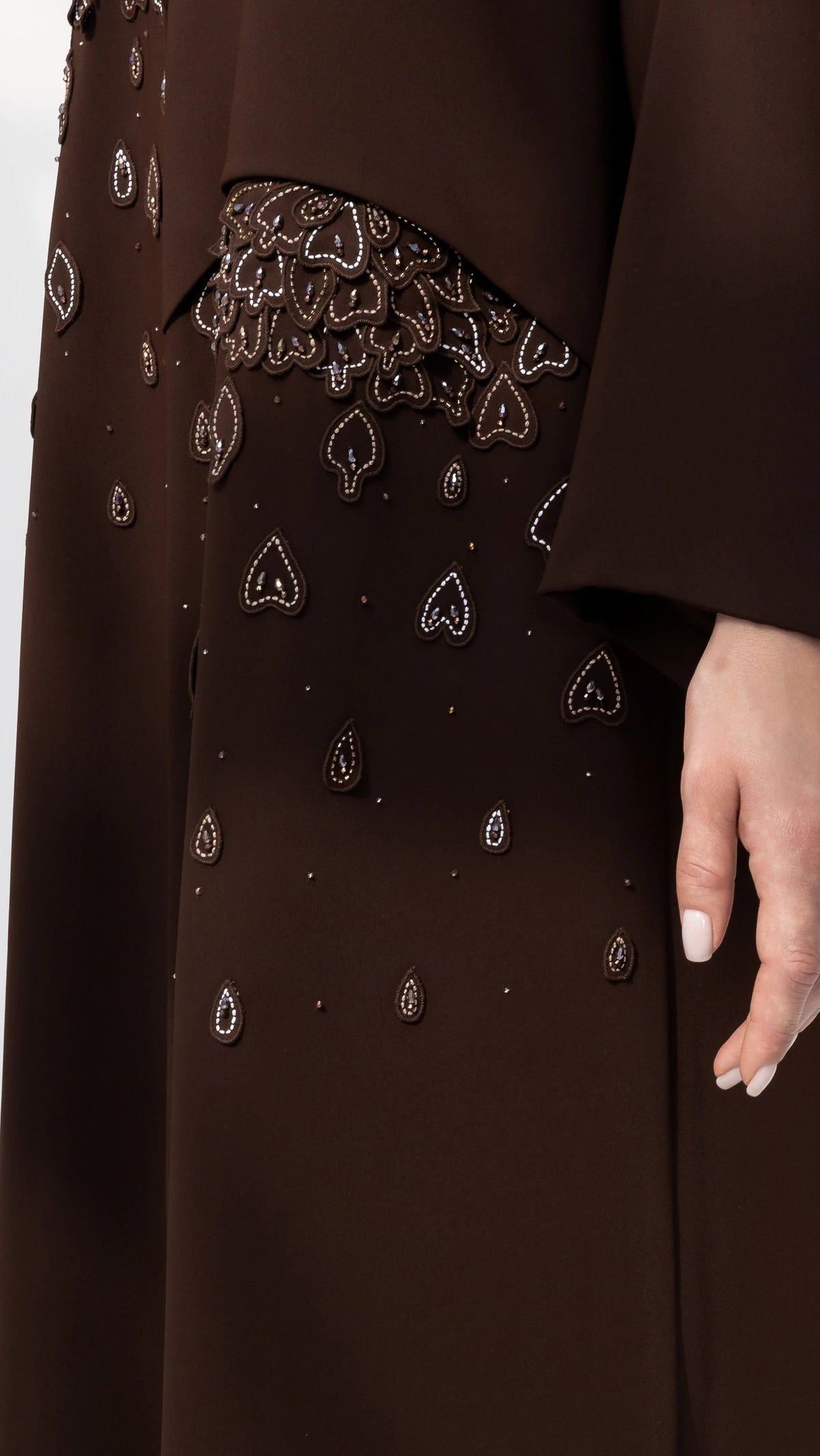 RUSANA Cacao Bloom abaya detailed side view showcasing couture floral embroidery and embellishments